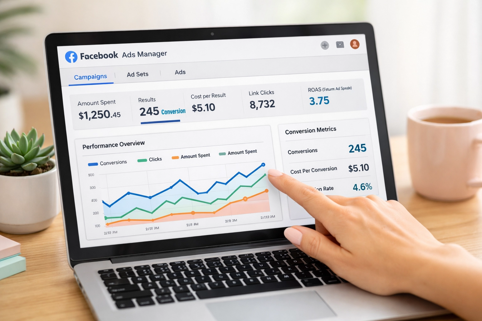 Facebook Ads Manager dashboard showing conversion metrics and performance data for business