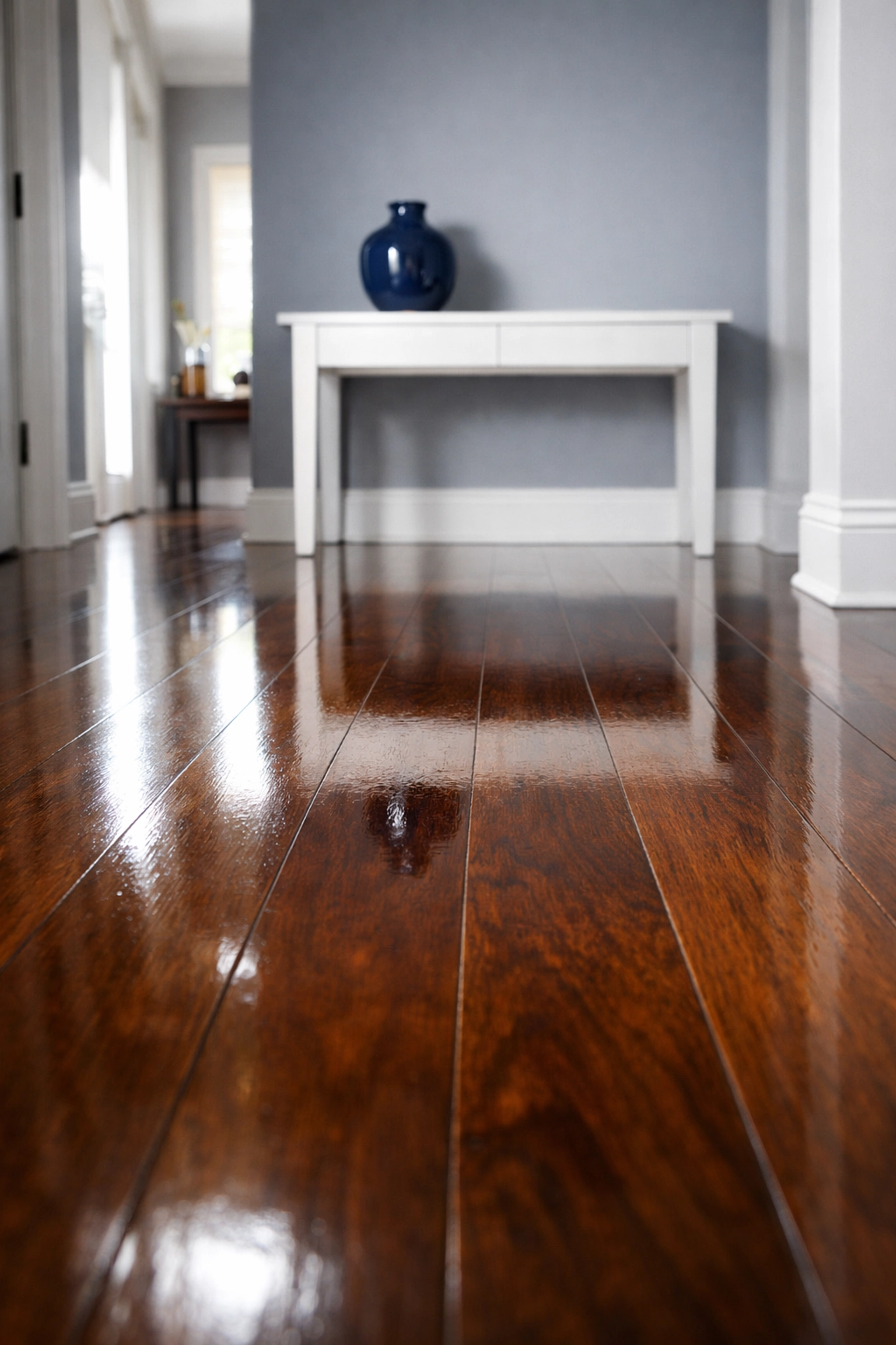 Polished hardwood floors in a Leominster home after deep cleaning and salt removal.