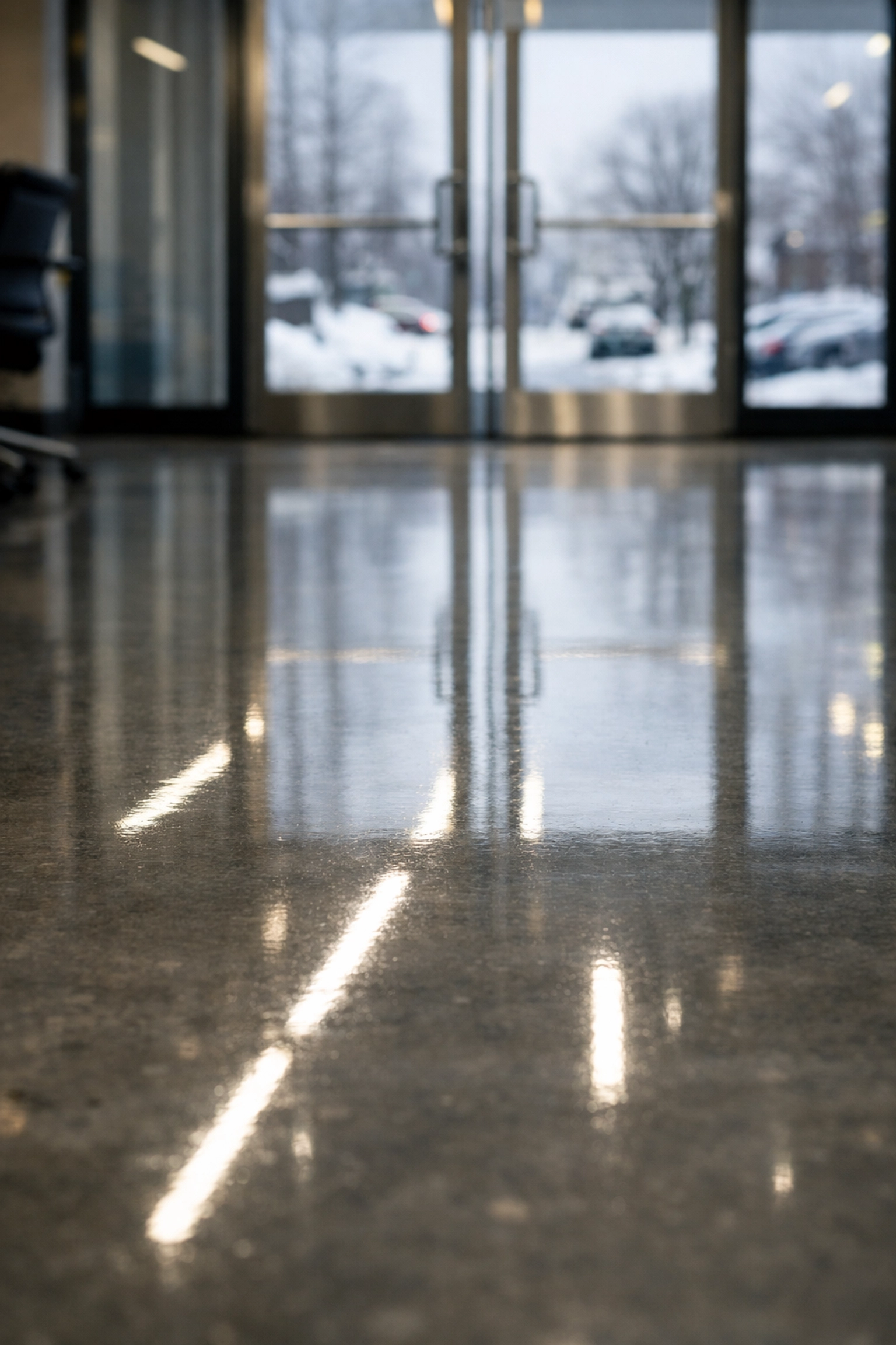 Spotless polished concrete office flooring in a Midwest facility, showcasing high-quality commercial cleaning standards.