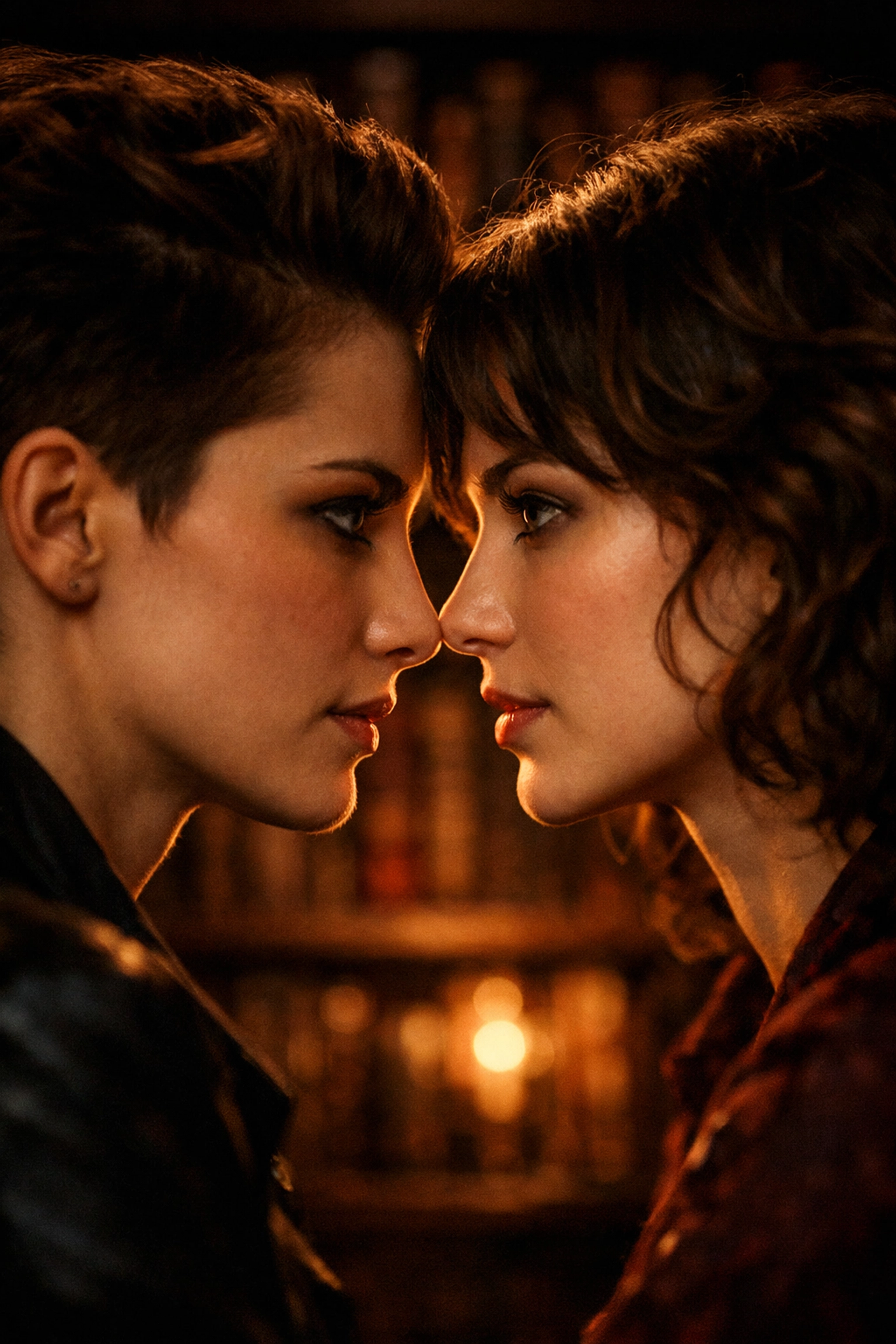 Close-up of two women sharing a romantic queer gaze in a library, highlighting emotional intimacy in fiction.