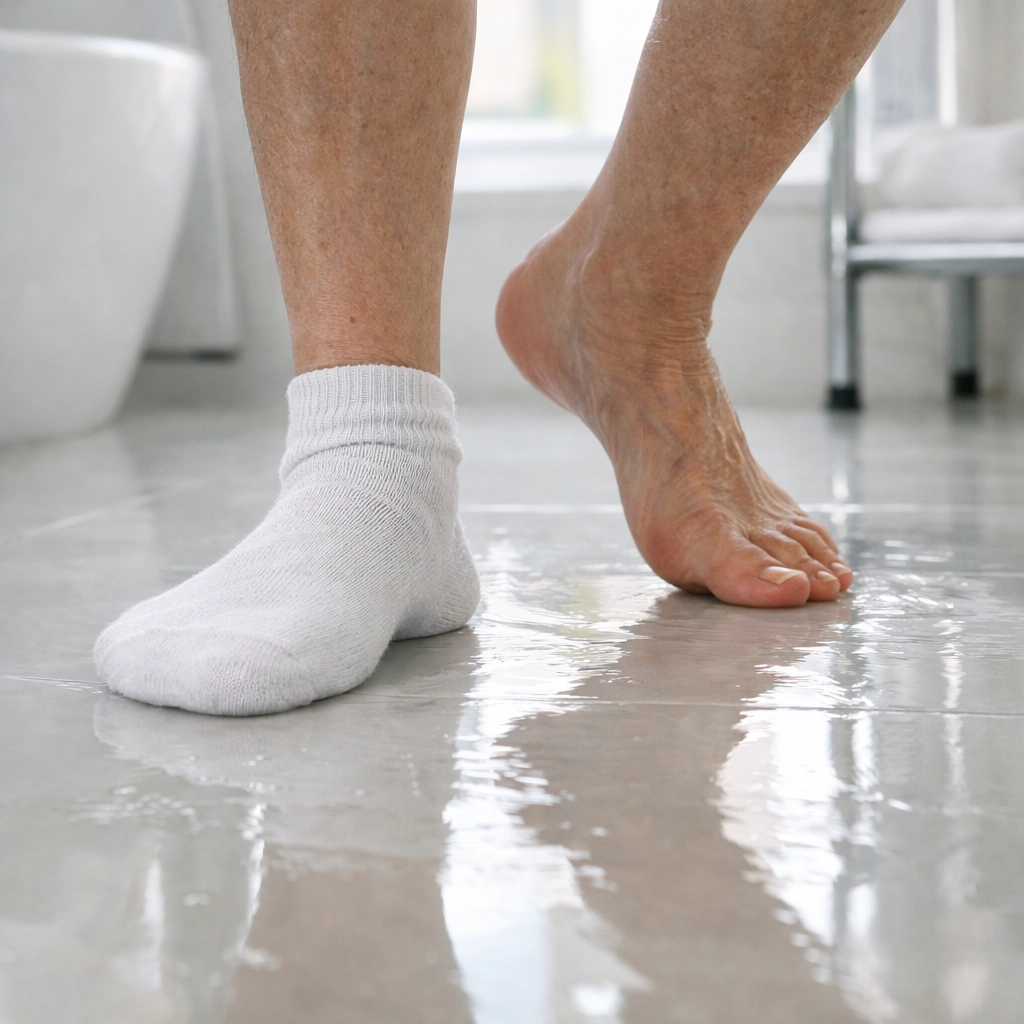Person wearing socks on slippery tile floor demonstrating high fall risk in unsafe footwear