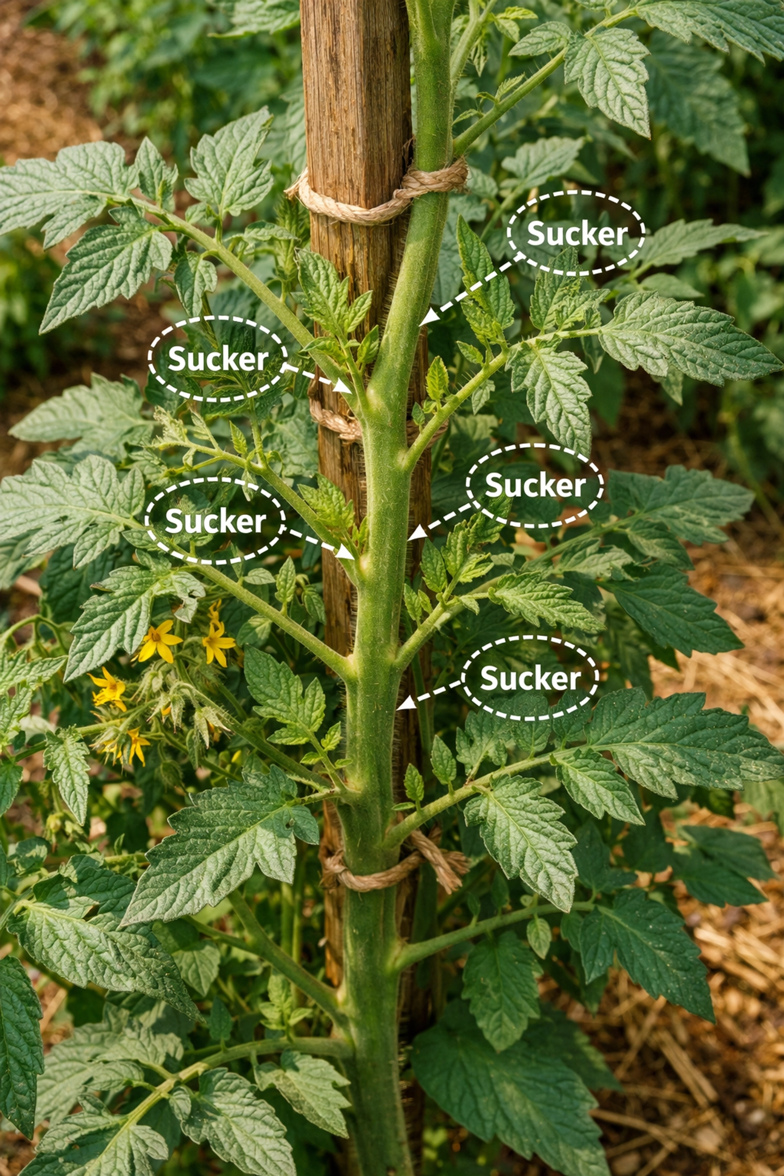 Tomato plant showing multiple suckers growing at leaf axils