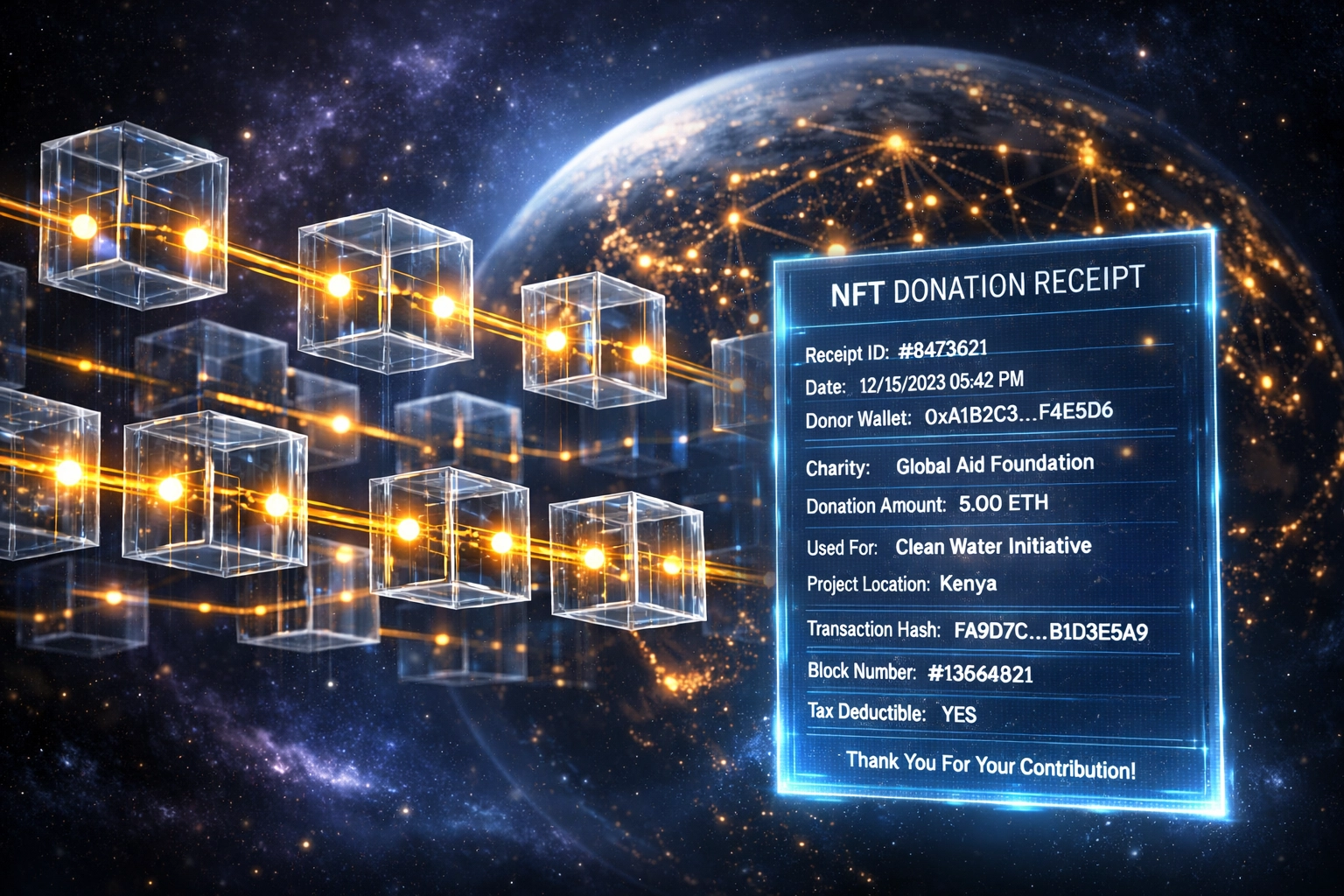 Blockchain transparency showing NFT receipt and on-chain charitable contribution tracking