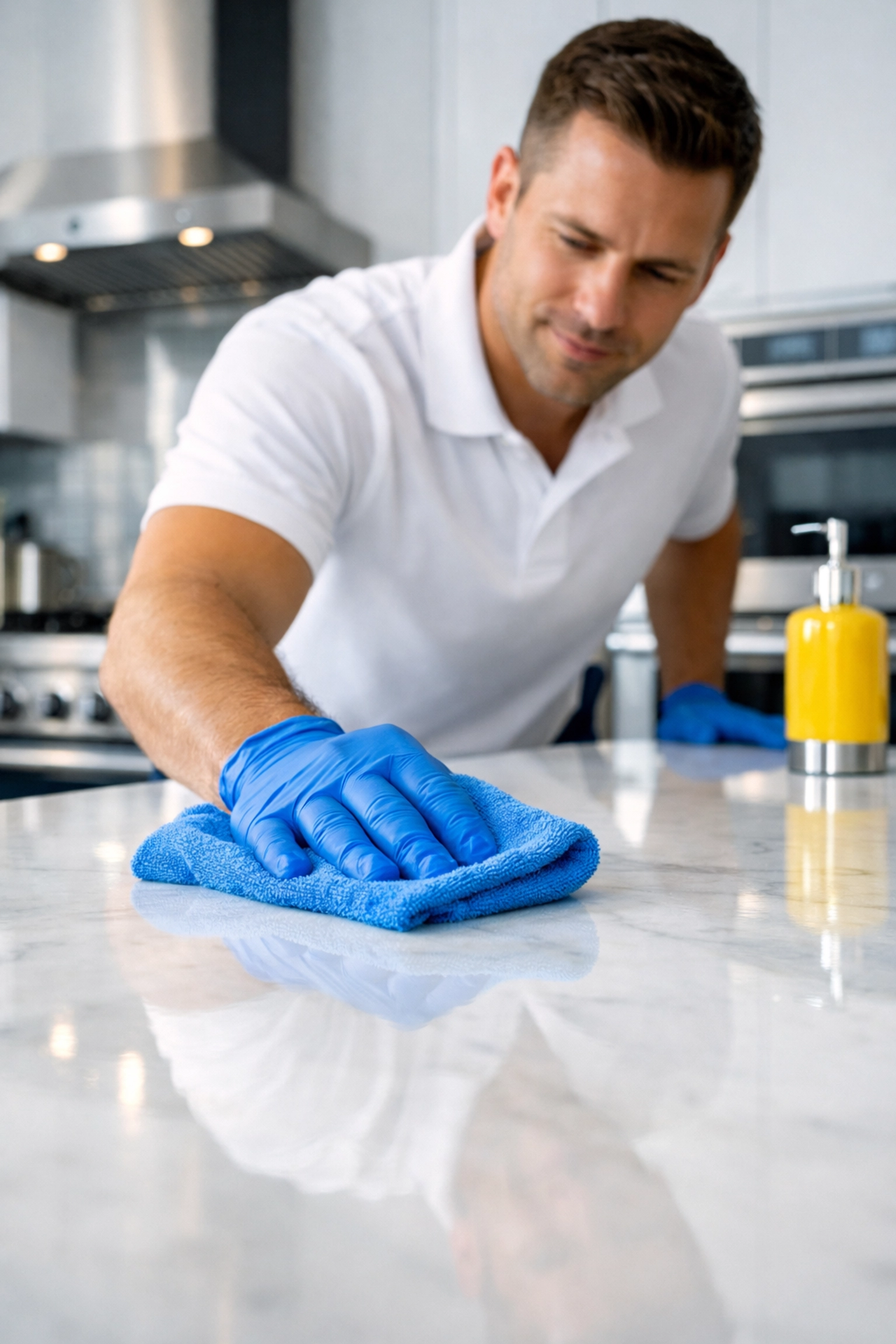 Professional move-out cleaning in a North Cambridge kitchen with polished counters and stainless steel.