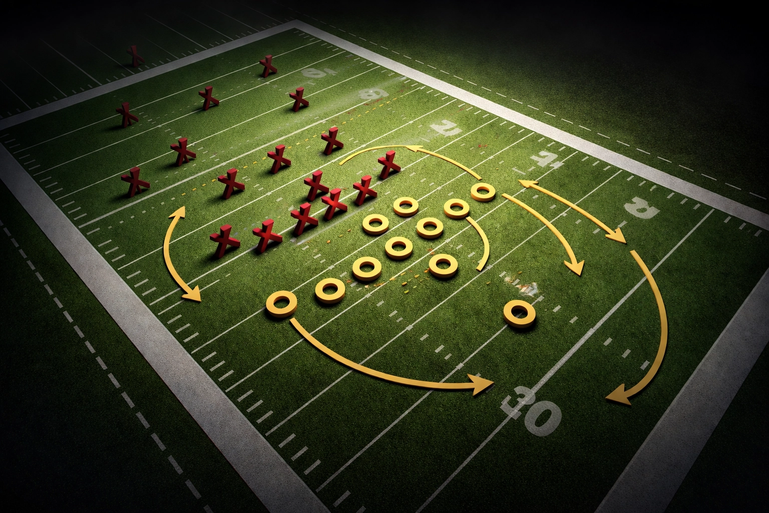 Aerial view of football field showing Boston College offensive formations in maroon and gold for roster strategy
