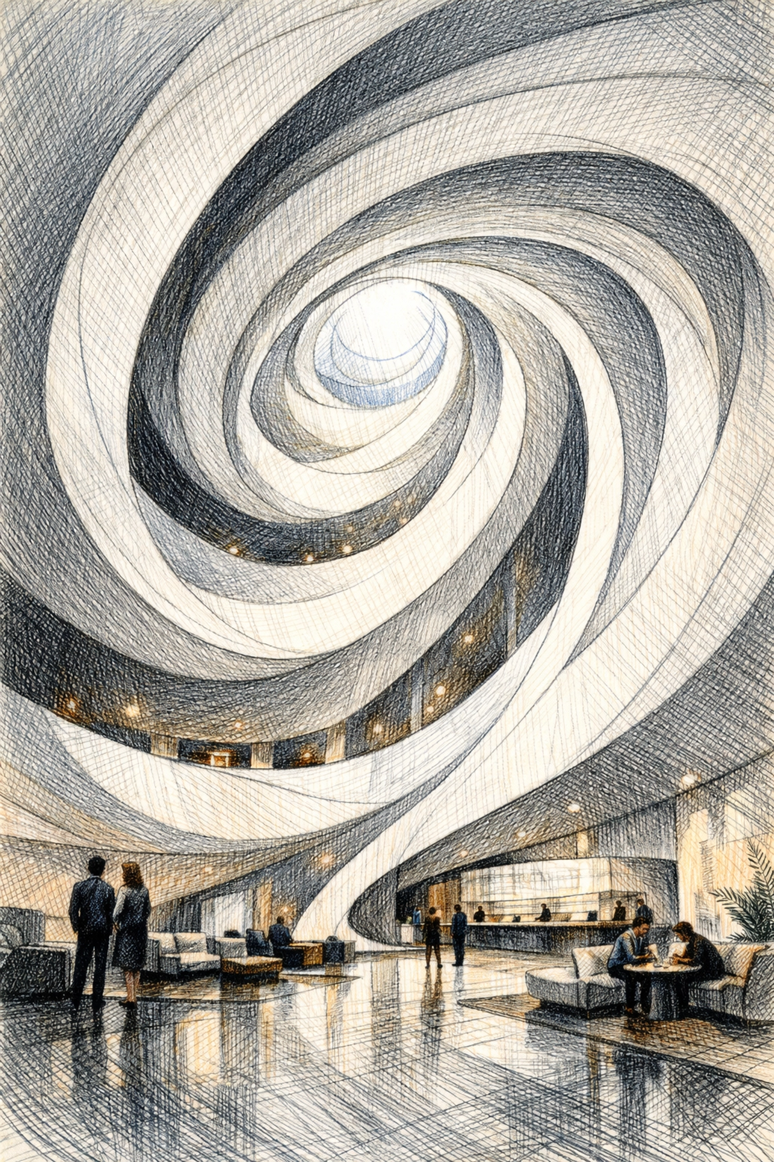 Futuristic luxury hotel lobby with fluid, organic curves merging walls and ceilings.
