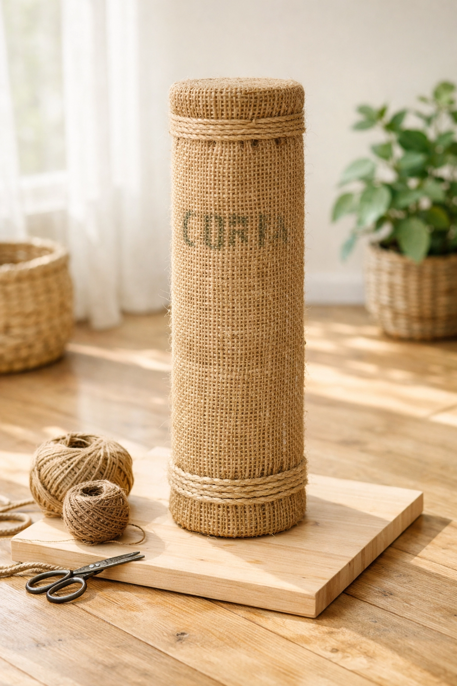 A DIY cat scratching post wrapped in a recycled coffee sack for an eco-friendly pet accessory.
