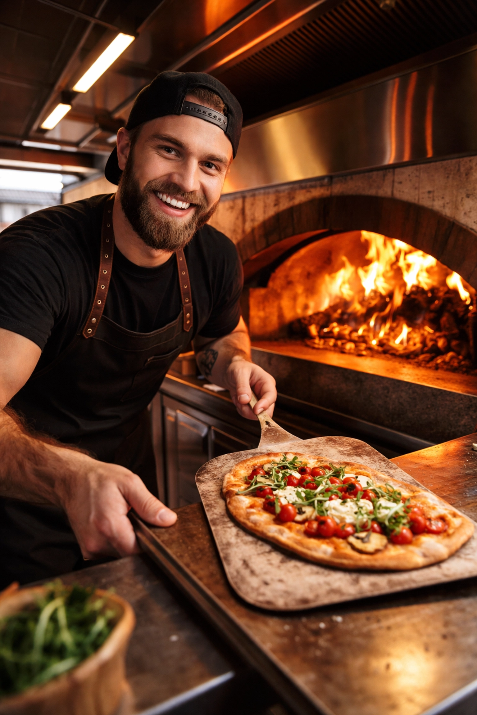 Food truck chef sliding a flatbread pizza into a wood-fired oven, showing expert pizza catering service in Utah
