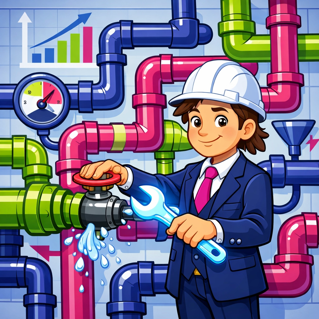 Professional fixing a leak in a business workflow pipe to improve lead conversion rates.