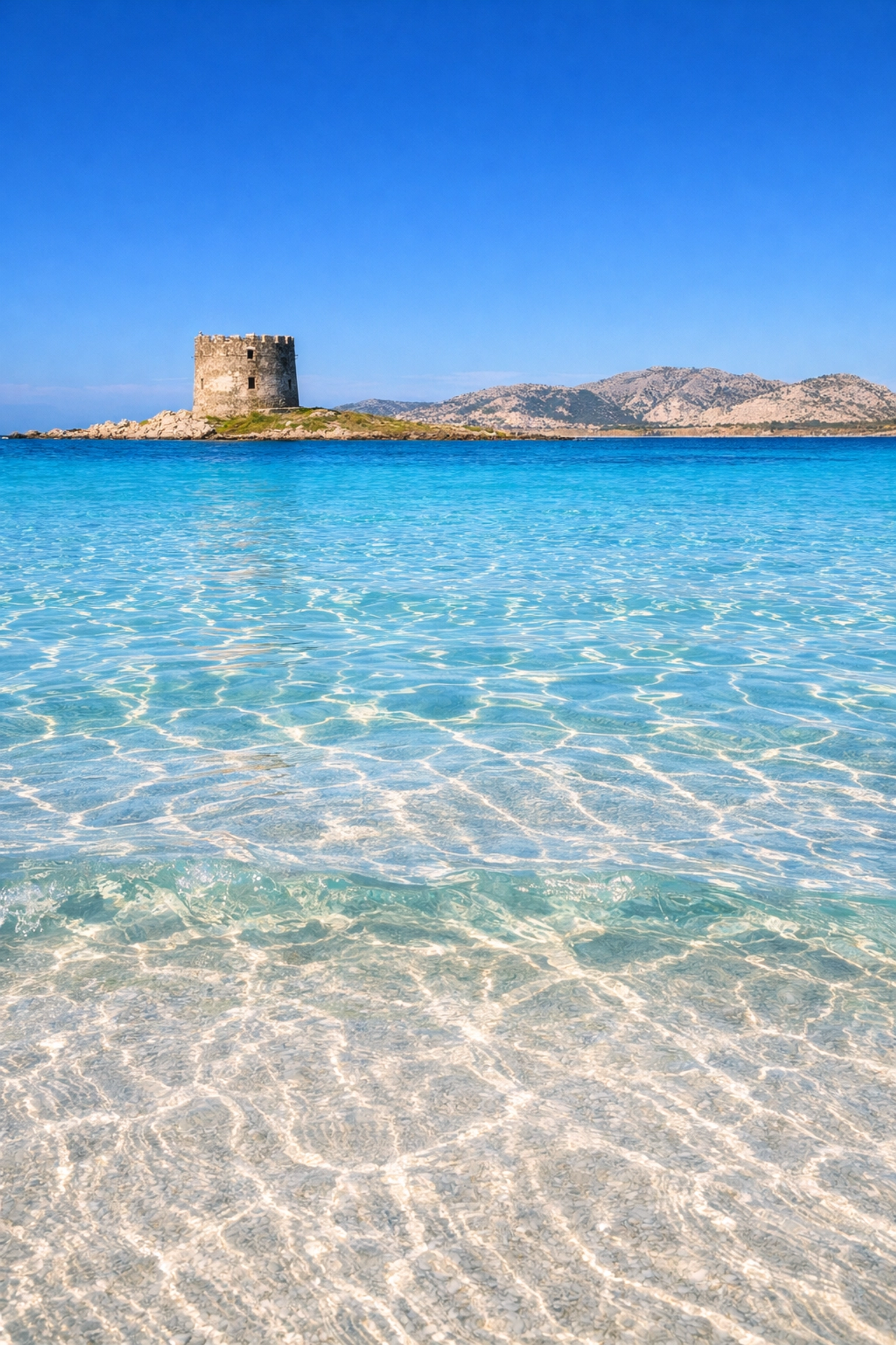 La Pelosa Beach in Stintino, North West Sardinia, showing crystal-clear turquoise water