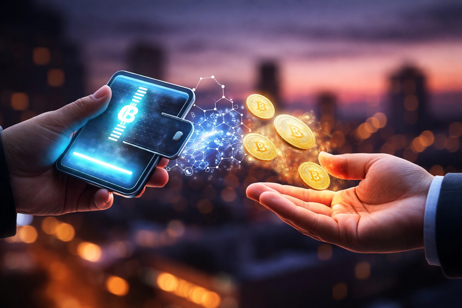 Two hands exchanging a glowing digital wallet and cryptocurrency, representing direct peer-to-peer Web3 crypto transactions.