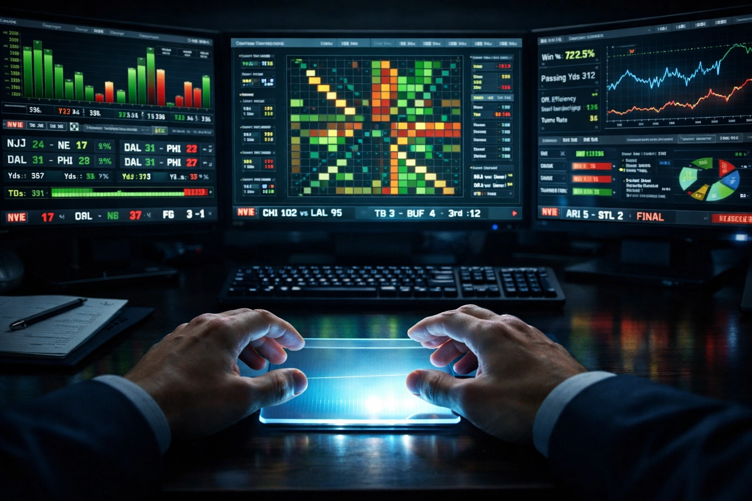 Sports analyst using a data dashboard with probability metrics and predictive analytics for betting.