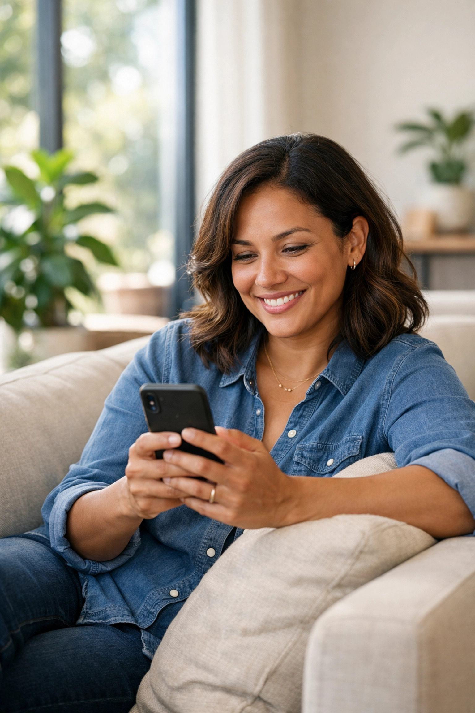 A woman in California using a smartphone for a convenient telehealth weight loss consultation.