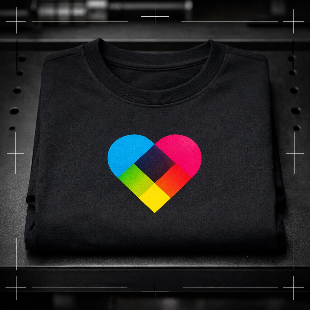 High-resolution CMYK heart logo on a folded black cotton t-shirt, showing perfect print-ready quality.