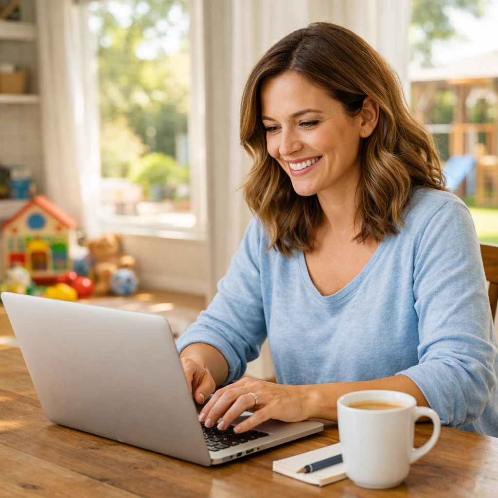 Stay-at-home mom working from home on laptop at kitchen table enjoying flexible hours