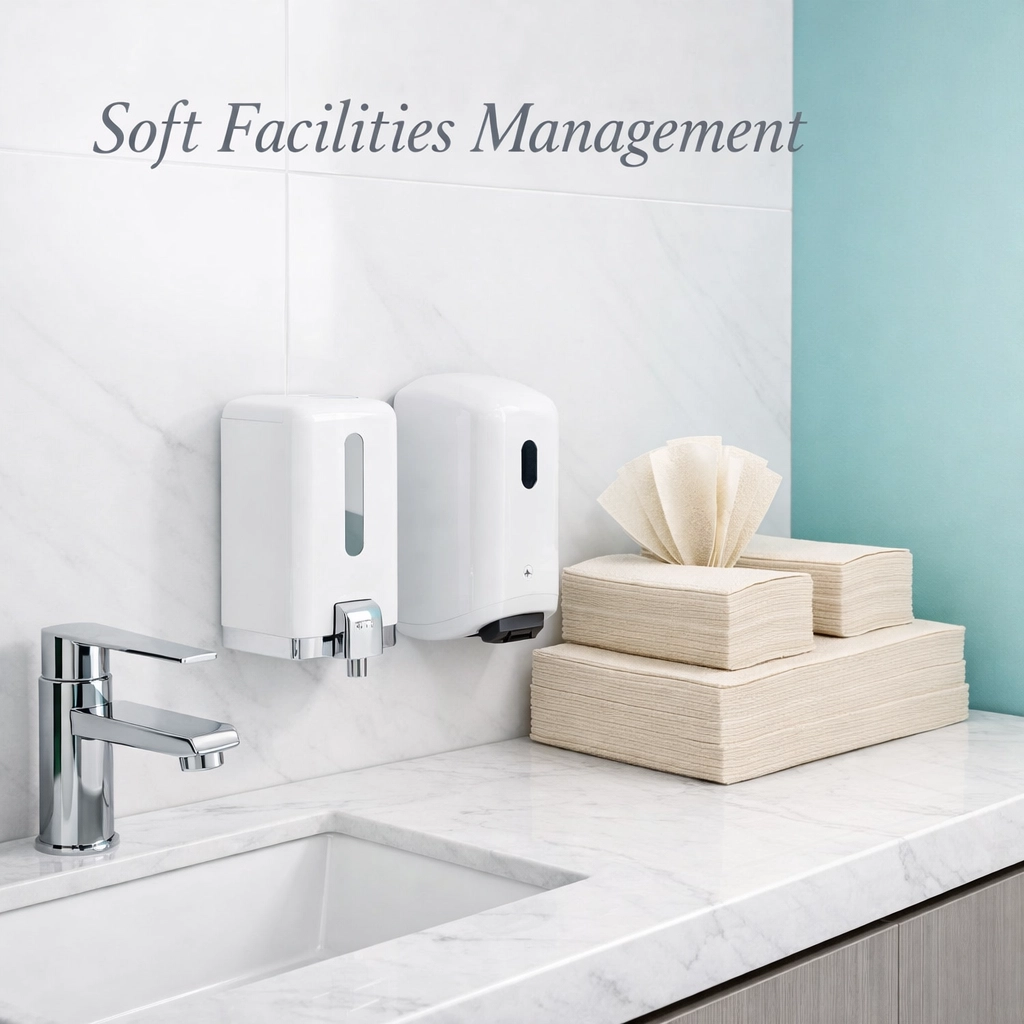 Hygienic modern office washroom showing soft facilities management and cleaning supplies in Scotland.