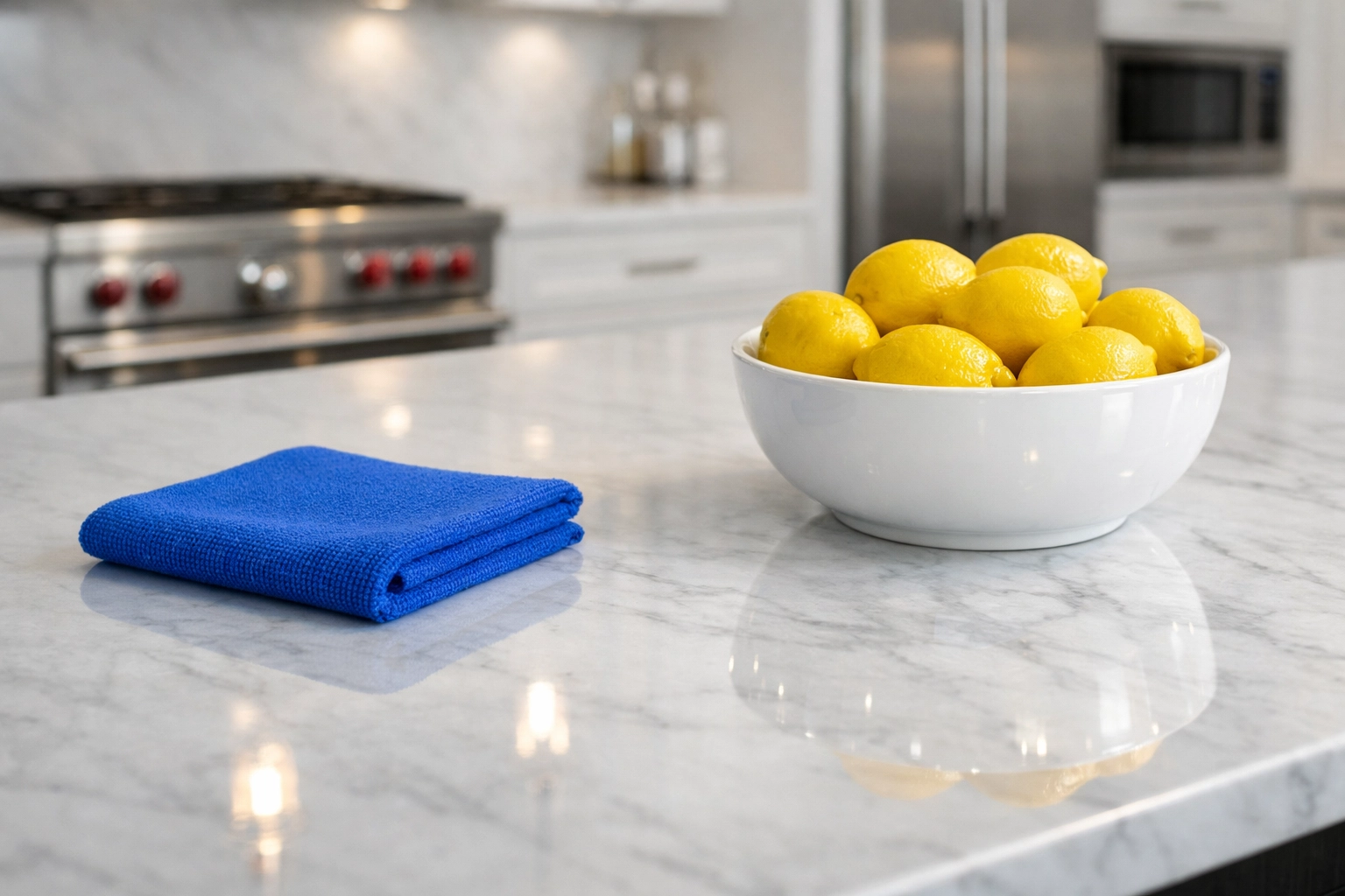 Sanitized marble kitchen island with a professional cloth, reflecting a detailed weekly cleaning routine Arlington.