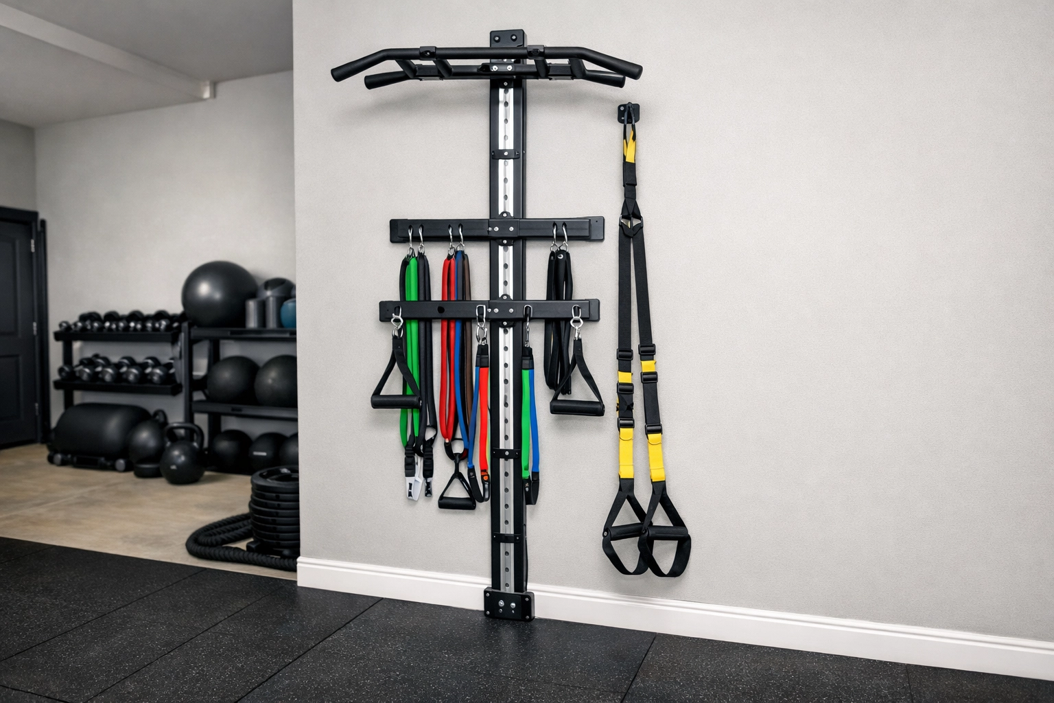 Versatile home gym equipment setup featuring a workout rail with resistance bands and suspension trainer.