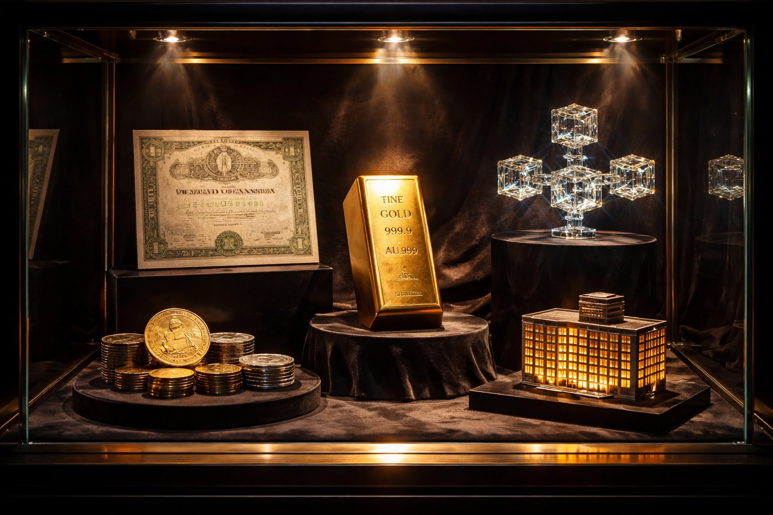 A curated glass display case featuring gold, stock certificates, real estate models, and blockchain symbolizes thoughtful asset selection for true diversification.