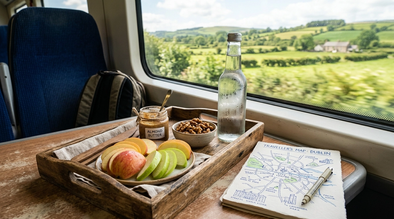 A gluten-free travel snack kit with apples and nuts on a train