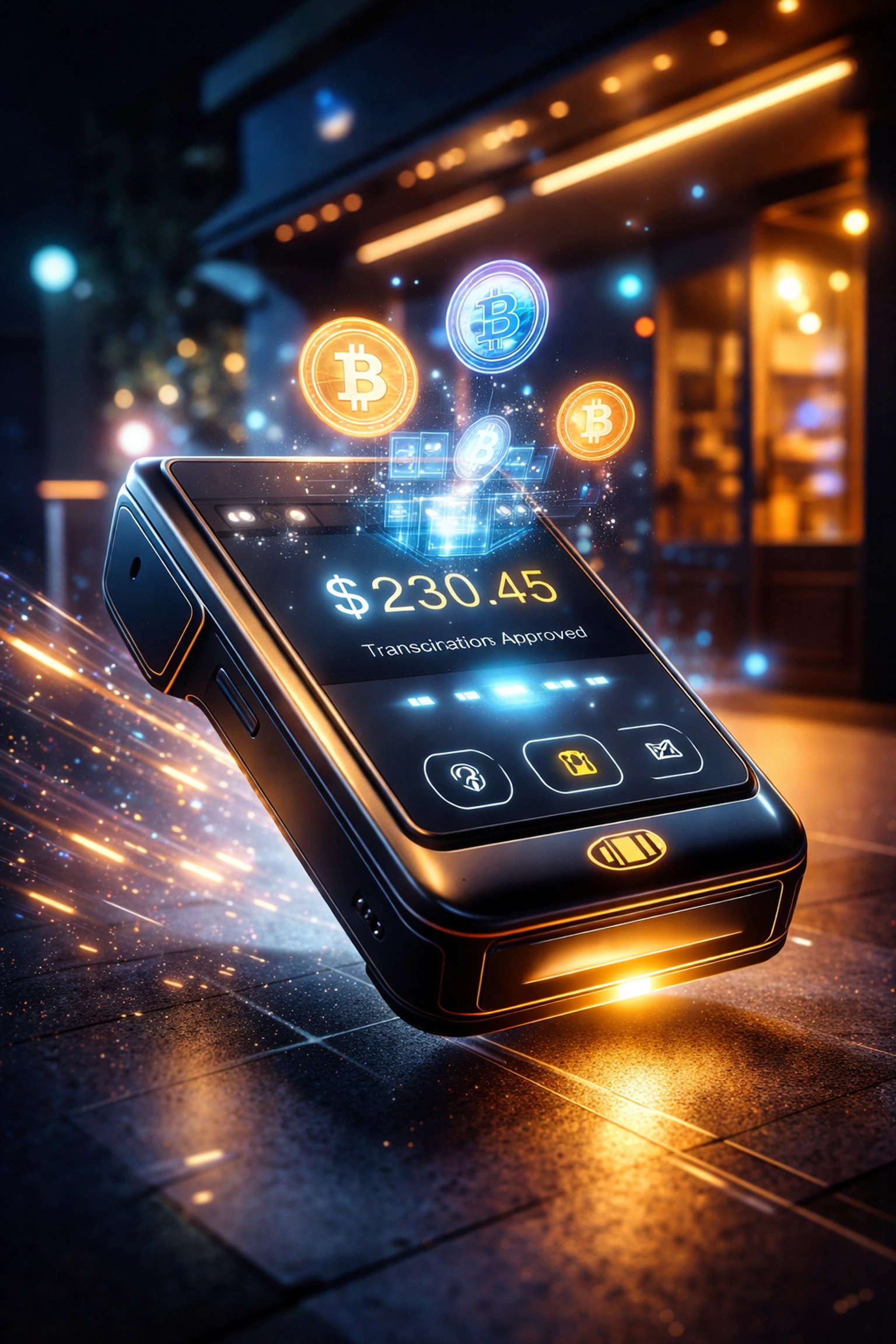 Futuristic crypto POS terminal displaying cryptocurrency symbols for seamless small business Web3 payments
