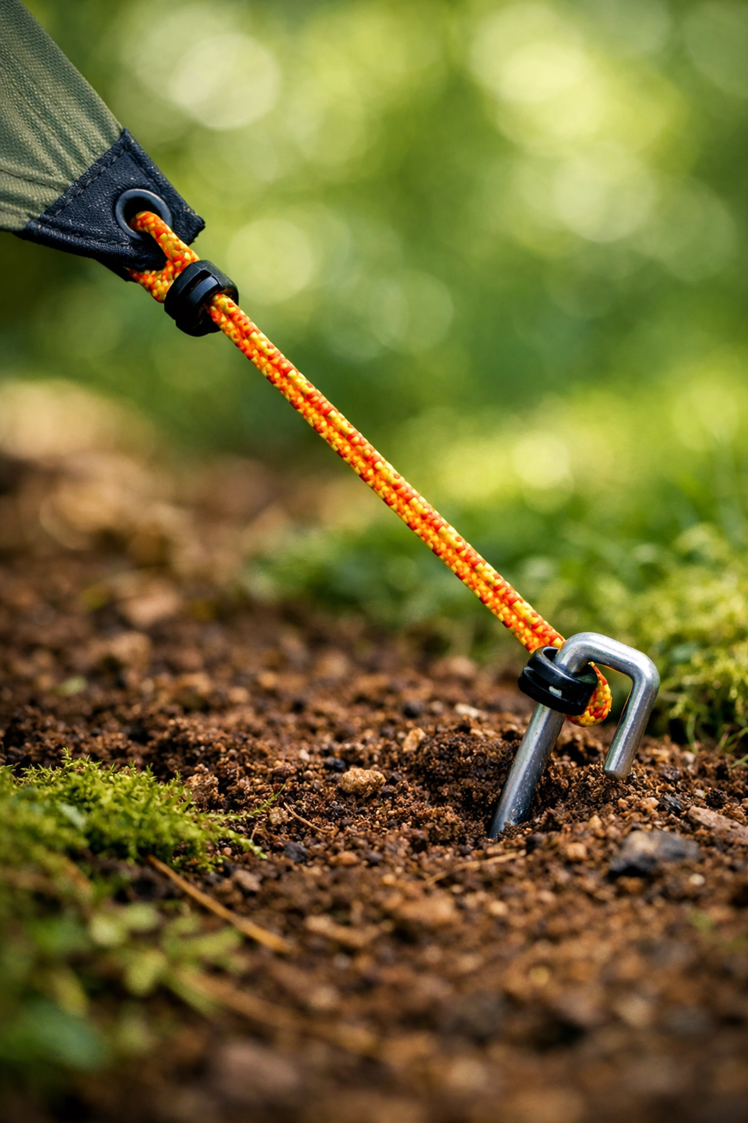 Close-up of a tarp guy line at a 45-degree angle for a secure camping adventure UK setup.