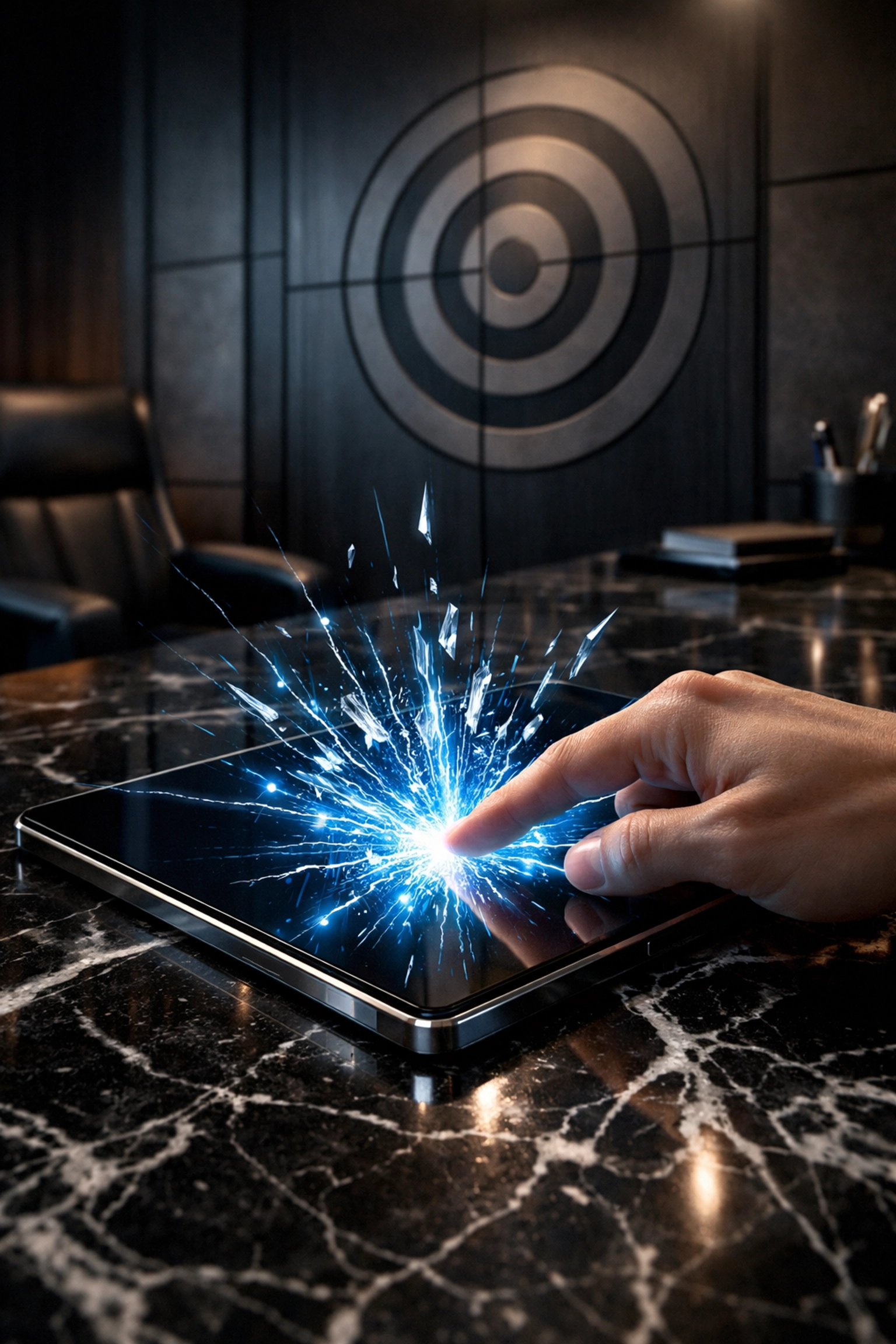 A hand tapping a digital tablet with a shatter effect, symbolizing breaking the business profitability glass ceiling.