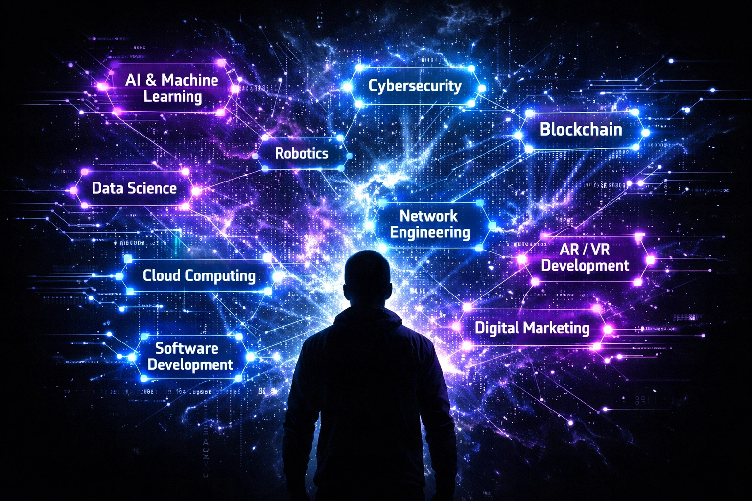 Person exploring a glowing digital network of high-tech skills mapping for career readiness.