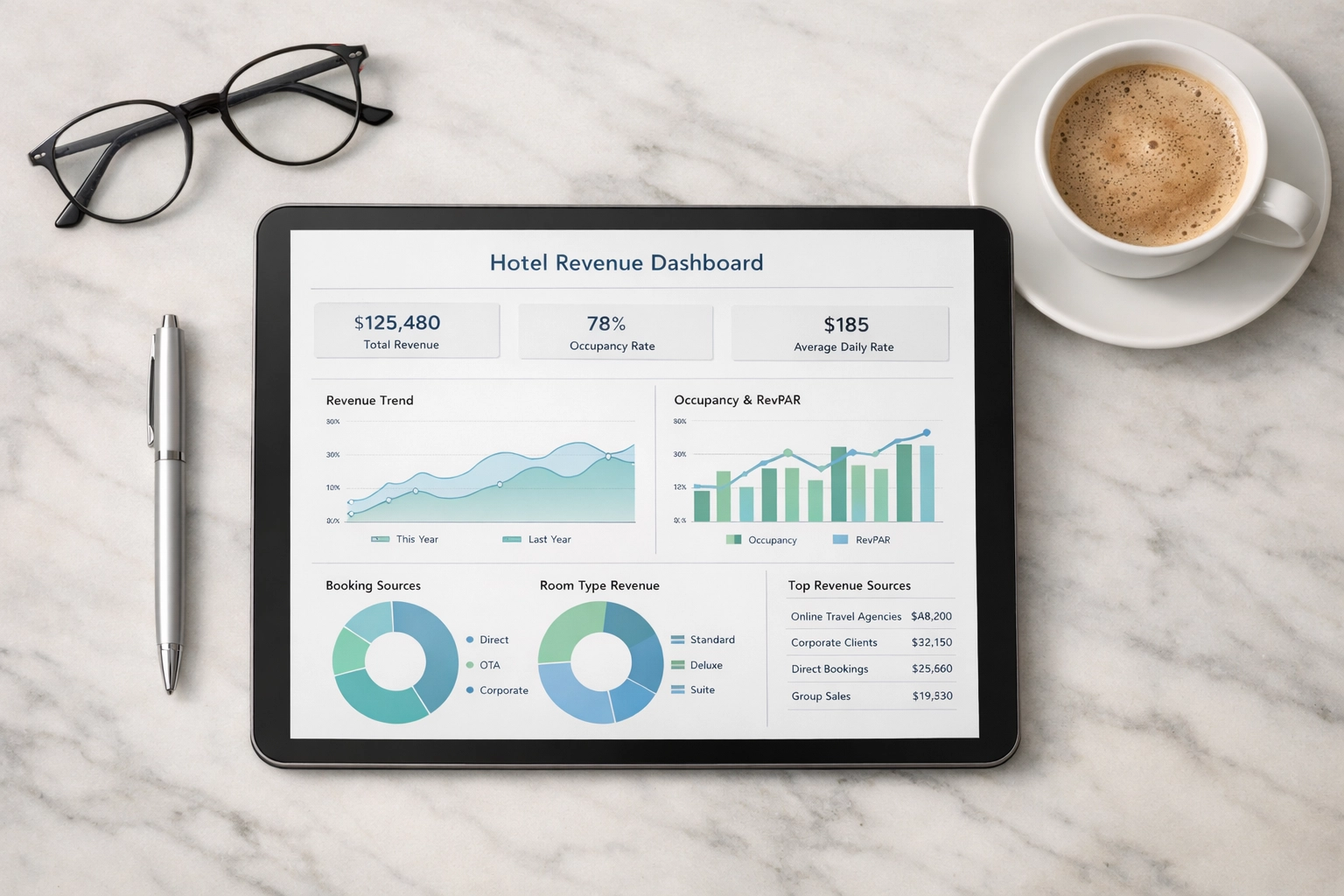 Cloud-based hotel PMS revenue dashboard showing real-time analytics and booking data