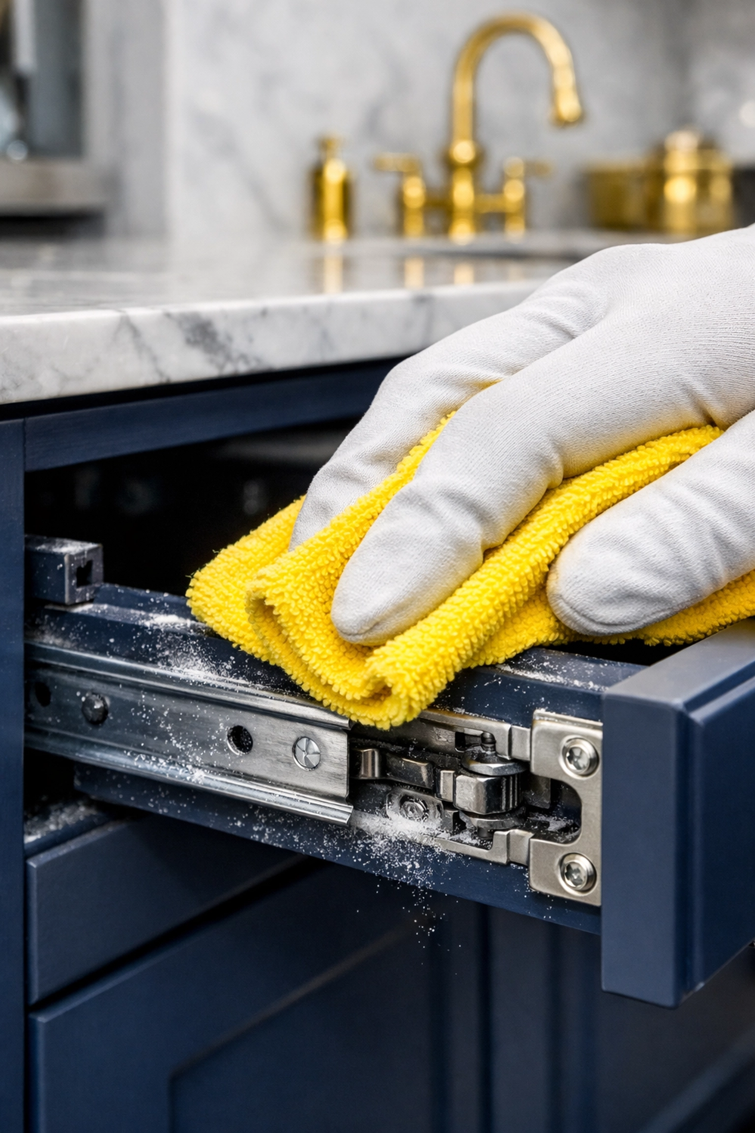 Detailed removal of fine drywall dust from kitchen cabinet drawers during post-construction cleaning MA.