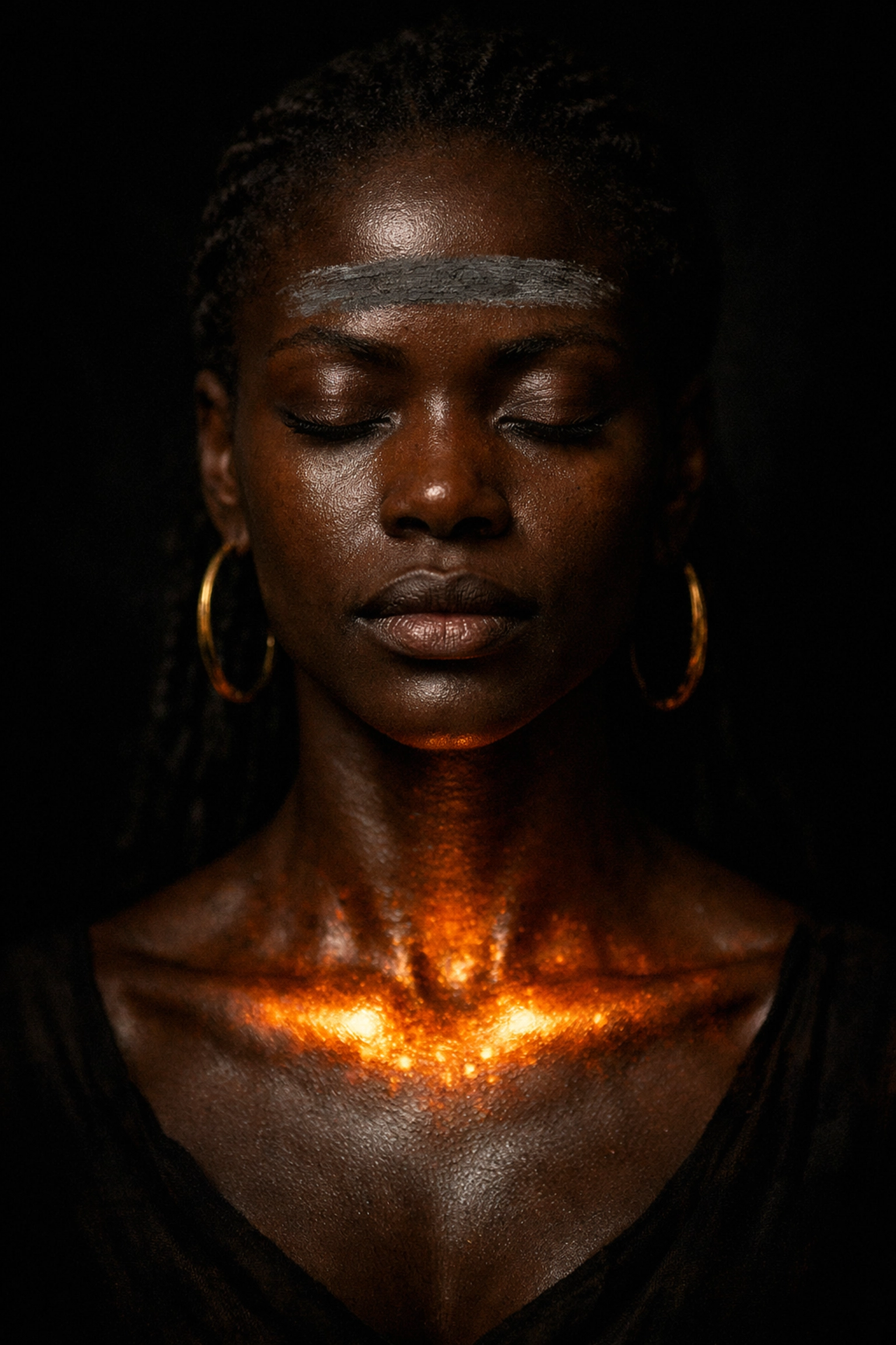 African woman meditating with sacred ash on her forehead, symbolizing the internal fire of Tantric devotion.
