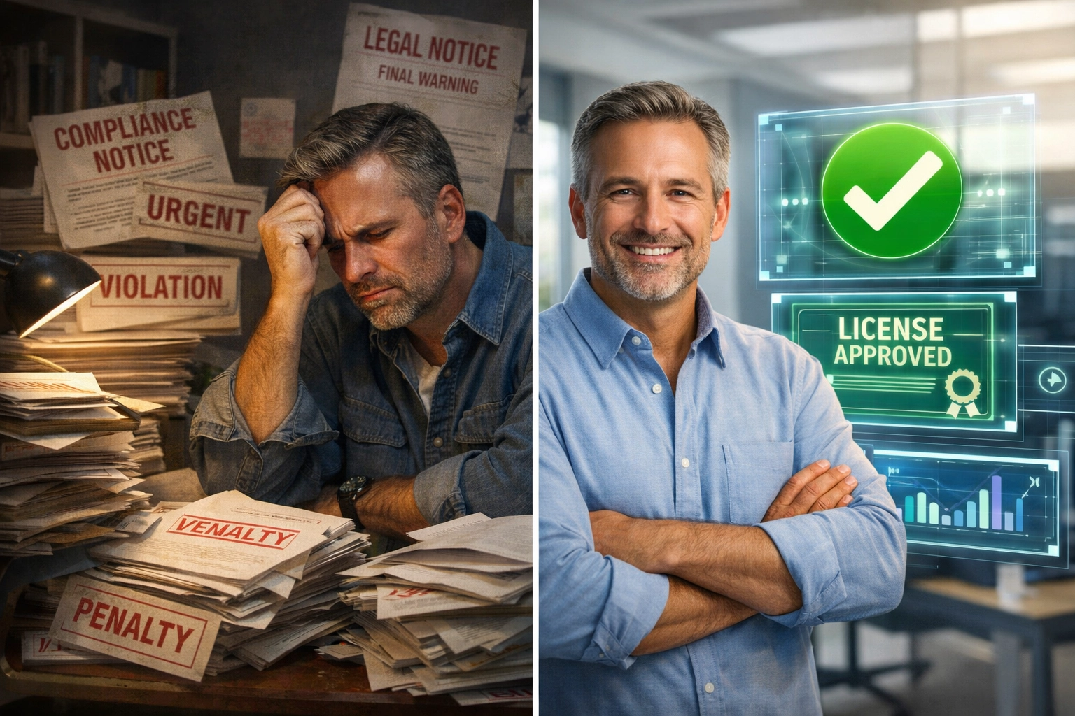 Merchant comparison showing regulatory stress versus confident compliance with MSB and MTL licensing