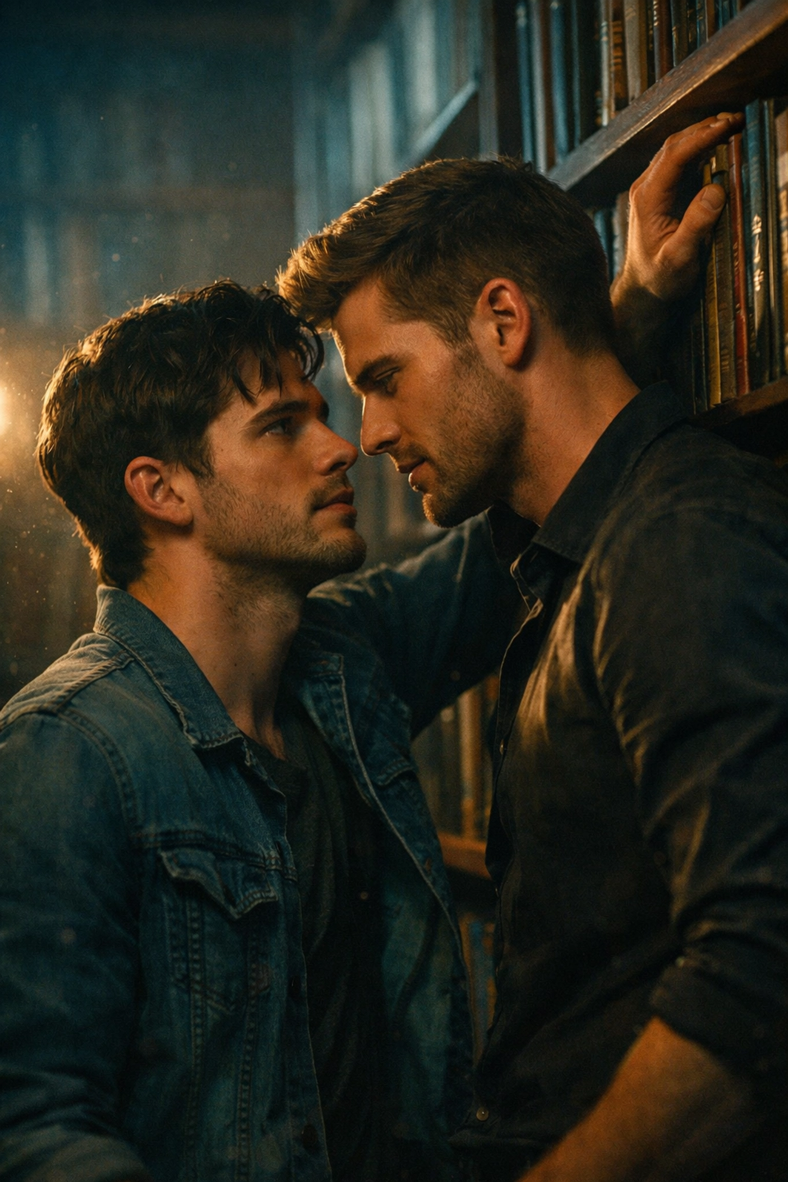 A romantic library scene between two men illustrating popular MM romance tropes like bisexual awakening.