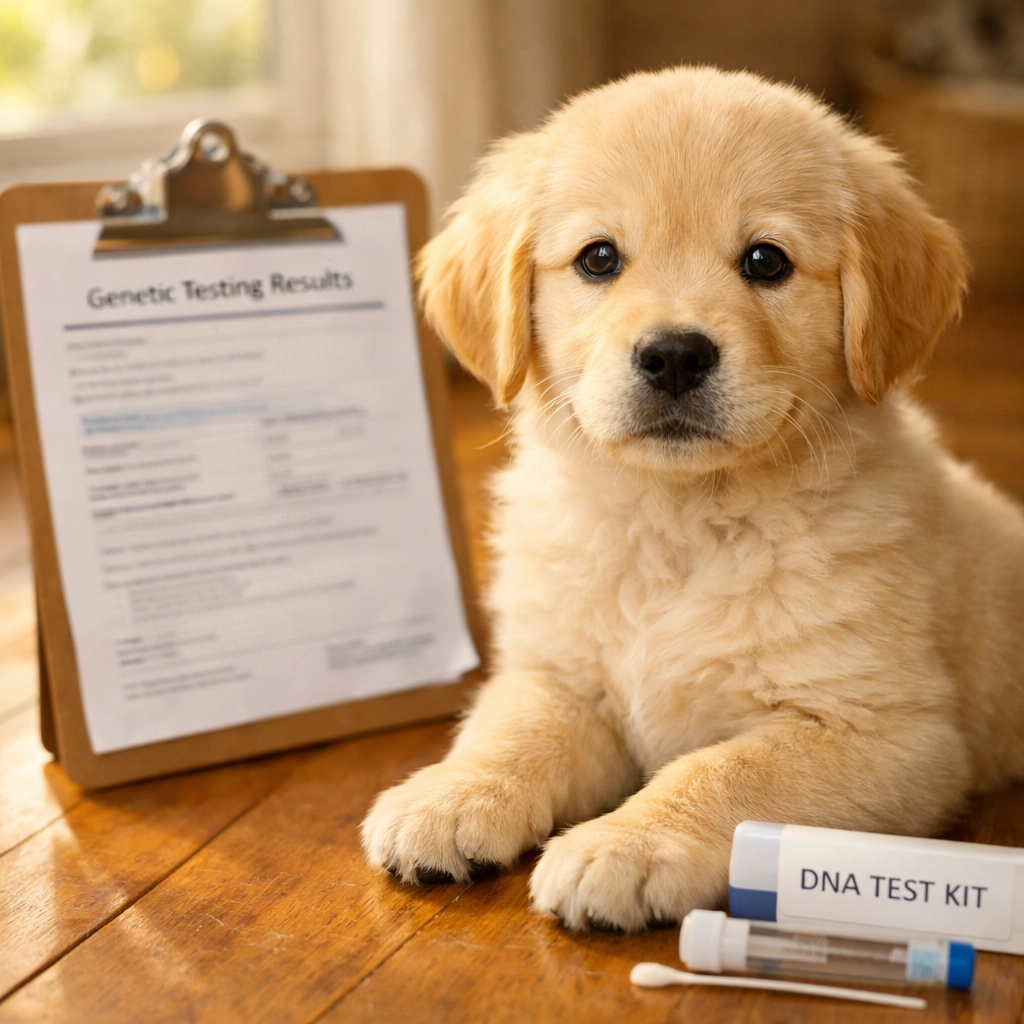 Health tested Golden Retriever puppy with genetic testing kit and paperwork