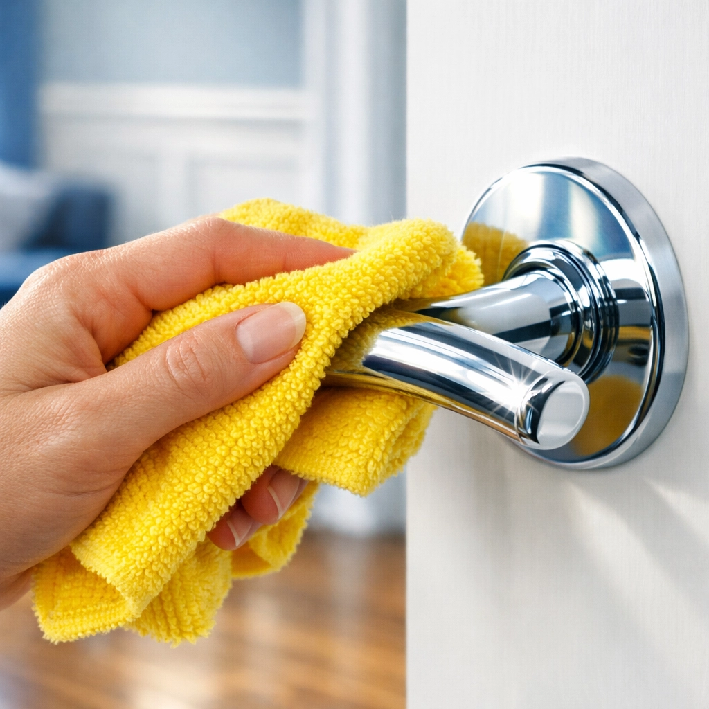 Disinfecting a high-touch door handle during professional house cleaning in Westford.