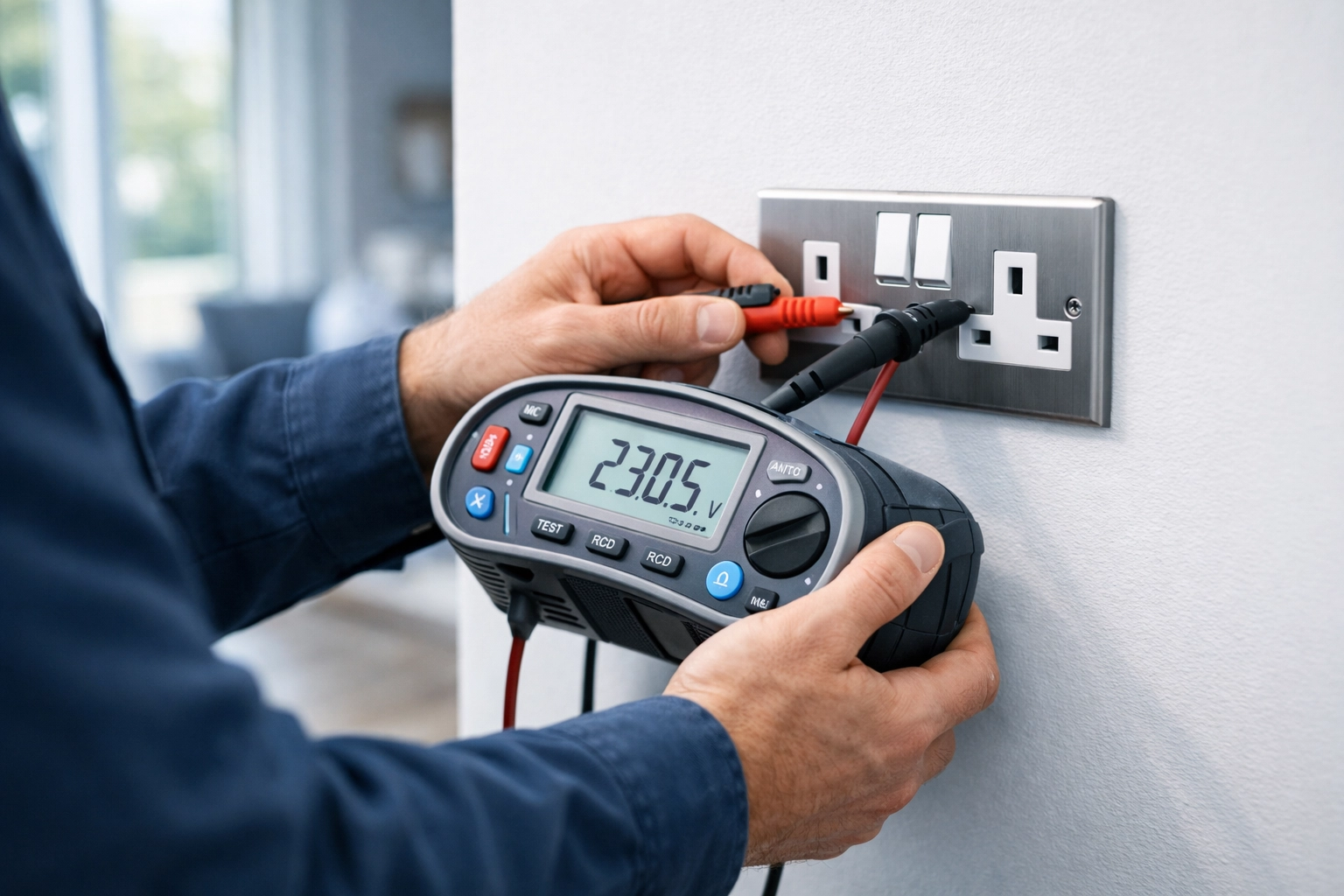 Qualified electrician in Dorset performing an electrical safety inspection on a home wall socket.