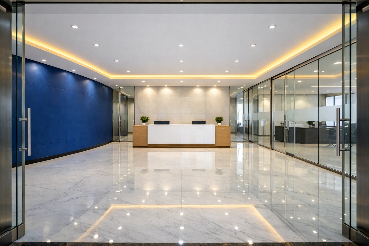 A luxurious and sanitized corporate lobby in Ayer with gleaming marble floors and professional office cleaning.