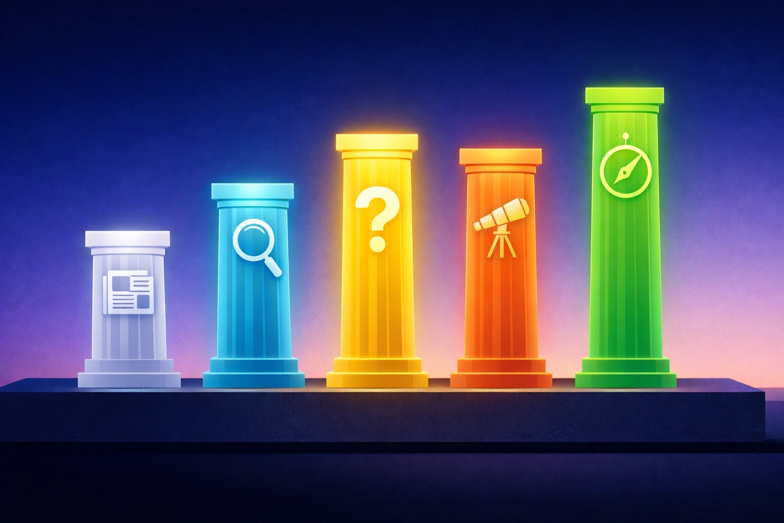 Five pillars representing the framework for grounded truth in daily news