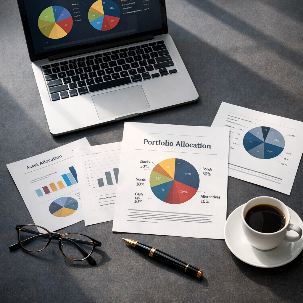 Investment portfolio allocation charts and strategic planning materials for accredited investors