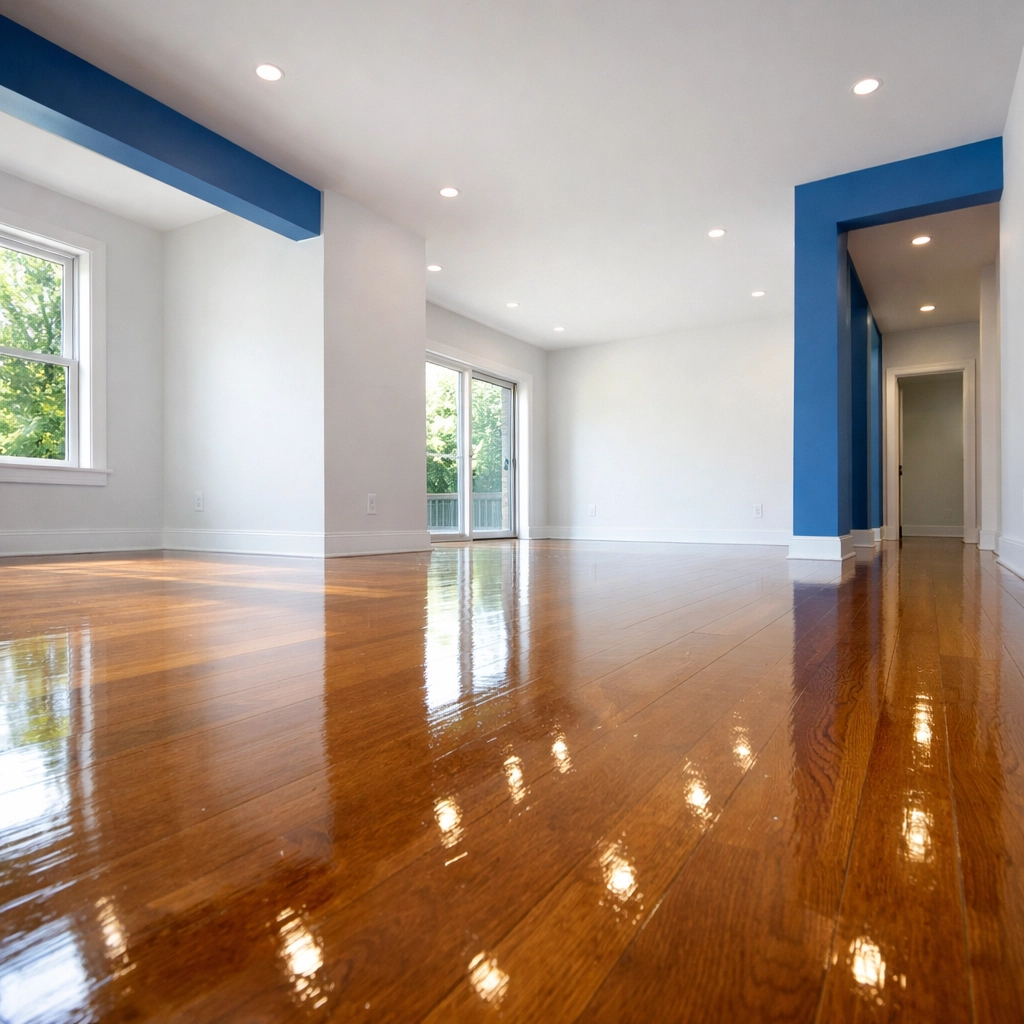Empty living room in Groton showing shiny mopped floors and bright space ready for move-out inspection.