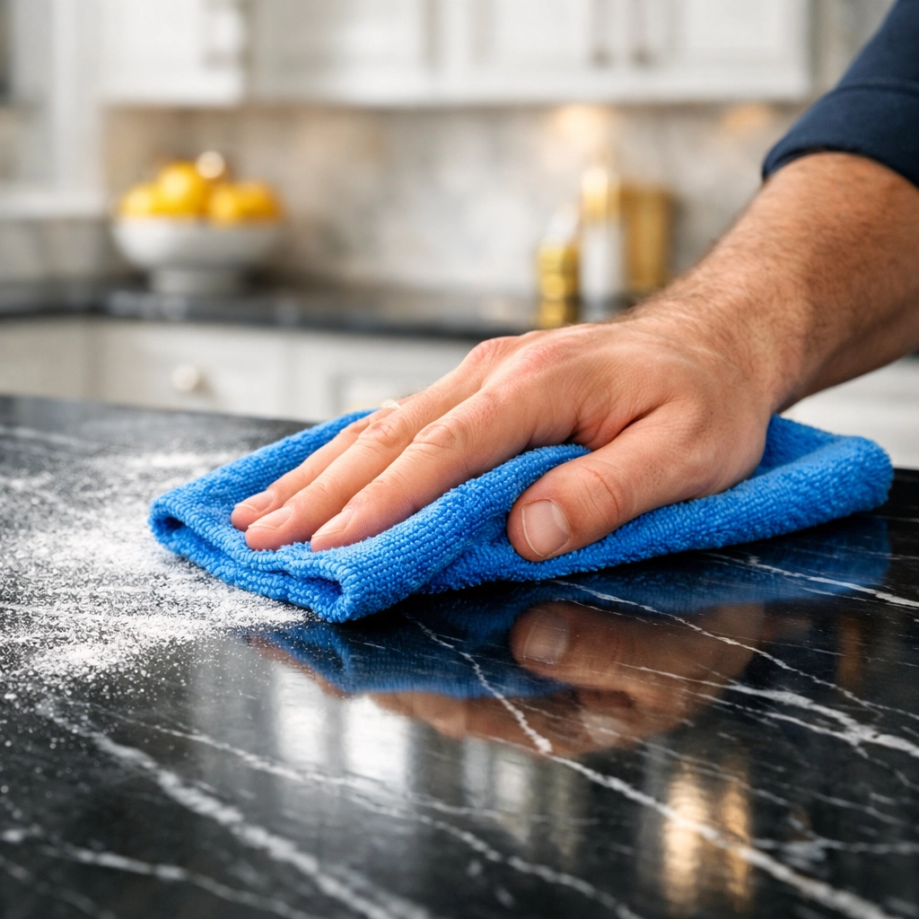 Professional cleaning service wiping construction dust off a luxury marble countertop in Hudson.