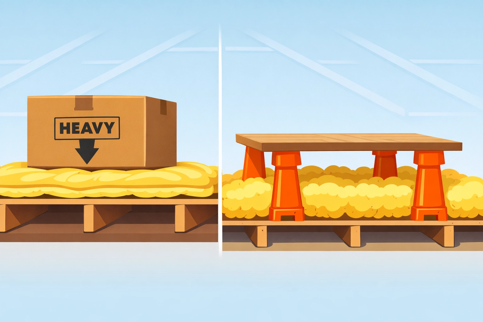 Loft insulation compression comparison: squashed mineral wool versus raised flooring using loft legs.