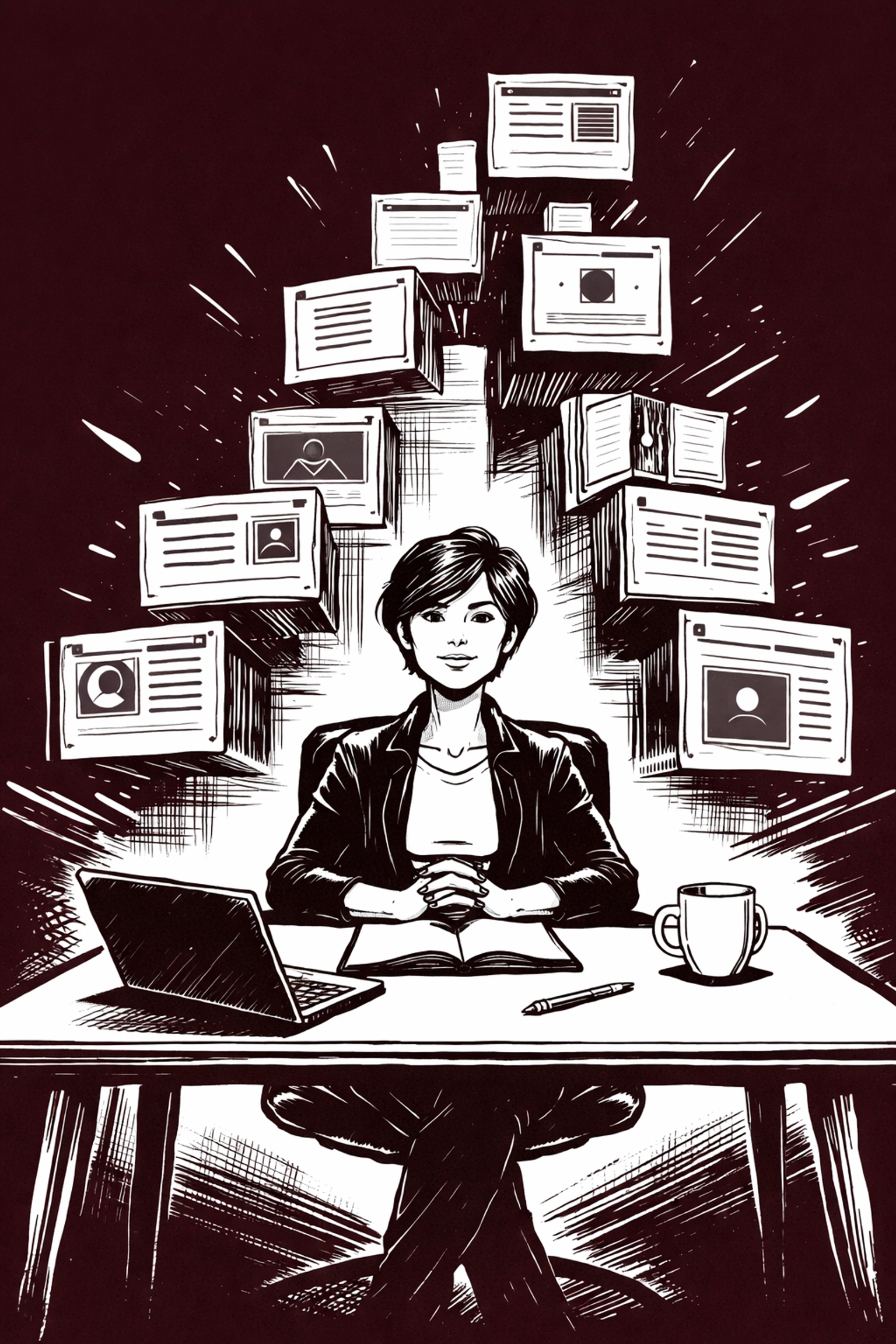 Black and white sketch of a creator at a desk with content blocks, representing building a unique brand identity.