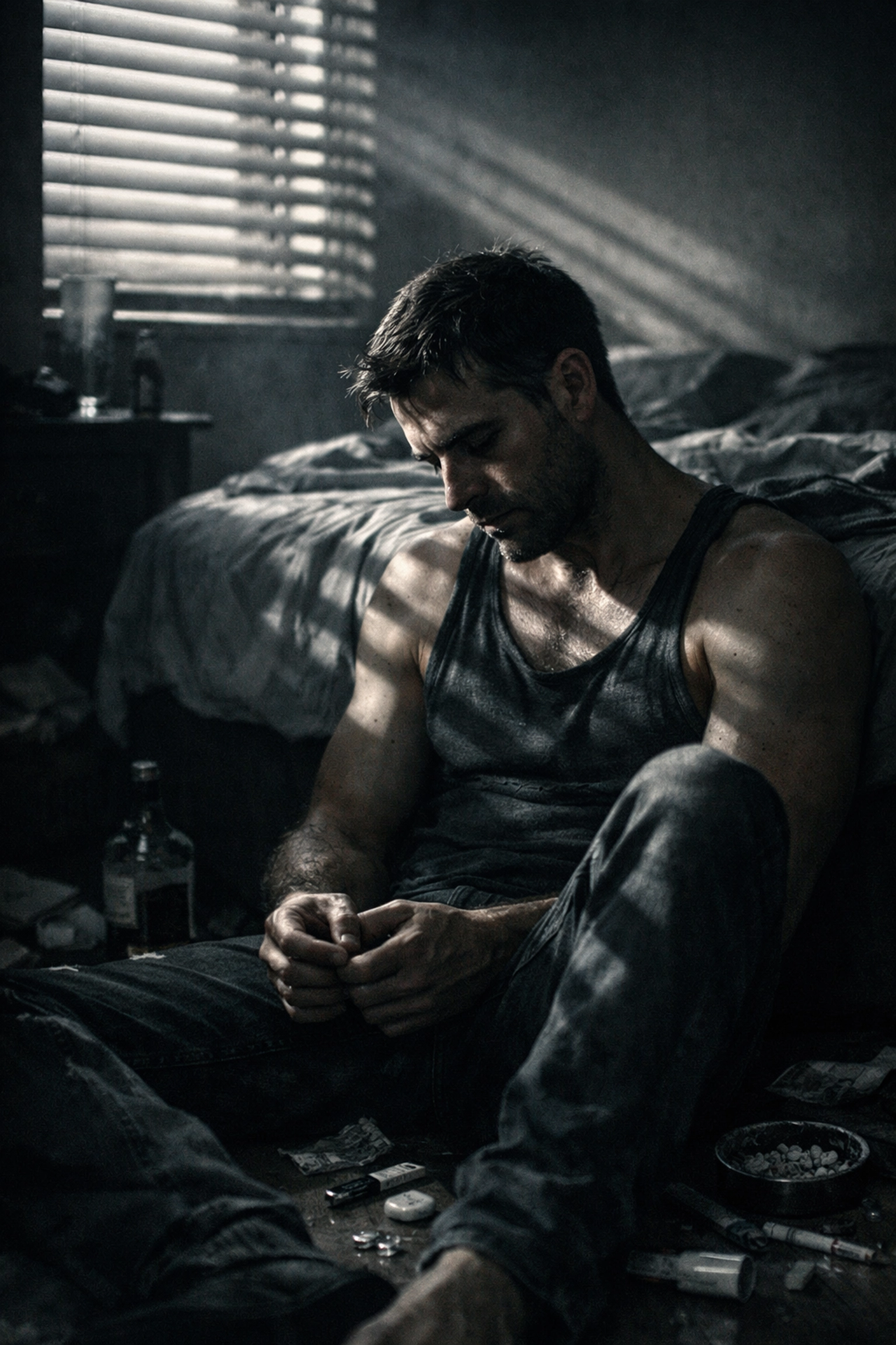 A man sitting alone in the morning light, showing the emotional fallout and isolation of addiction in the gay community.