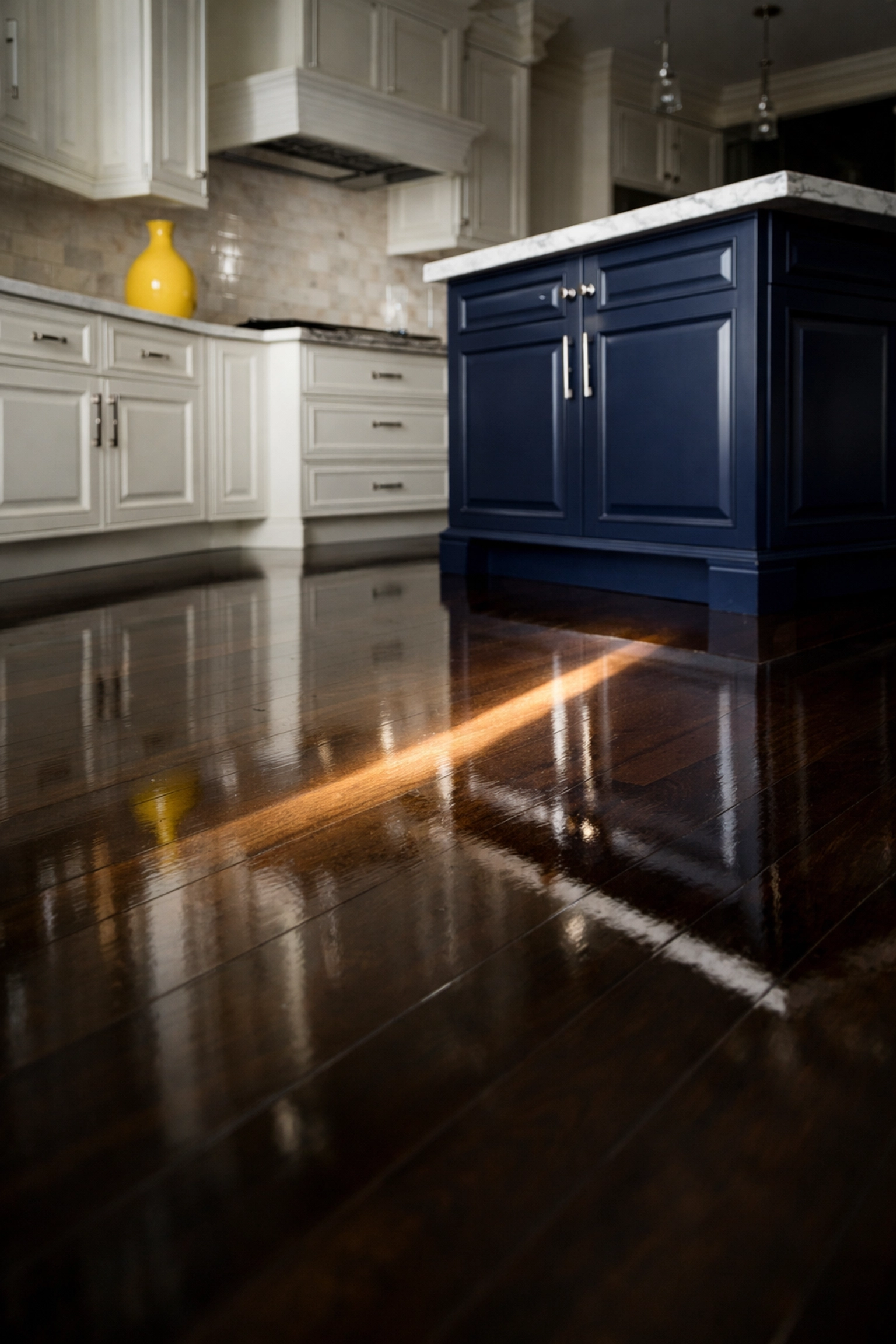 Polished dark hardwood kitchen floor in Acton MA reflecting professional deep cleaning services.