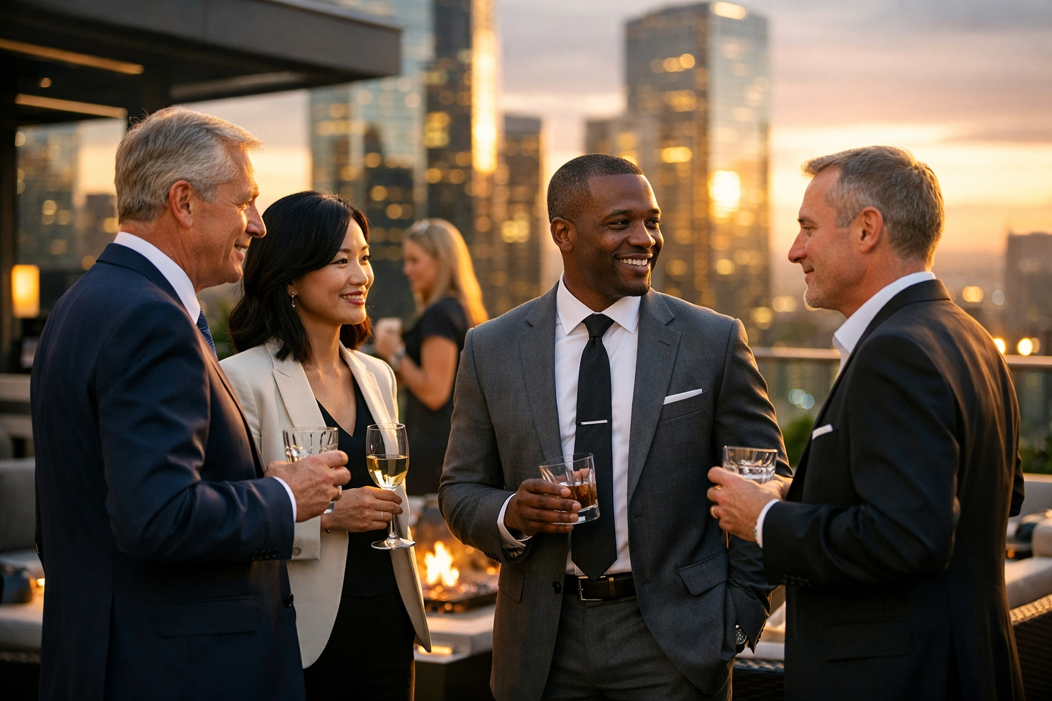 Corporate executives networking at an exclusive rooftop lounge for Super Bowl pre-game business hosting.