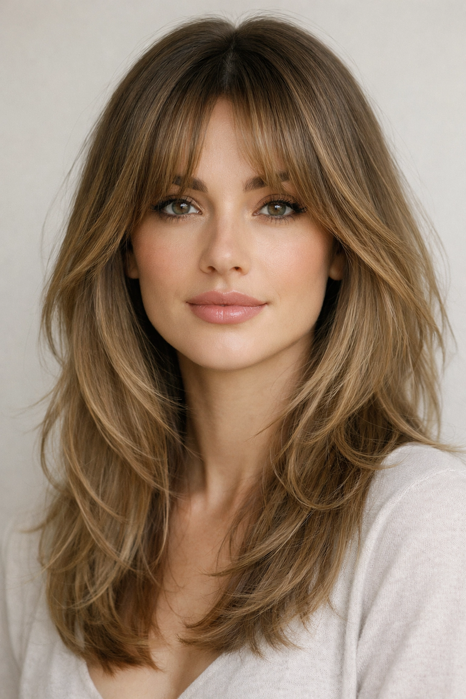 Stylish curtain bangs and long layers haircut from a top-rated beauty salon in Concord NH.