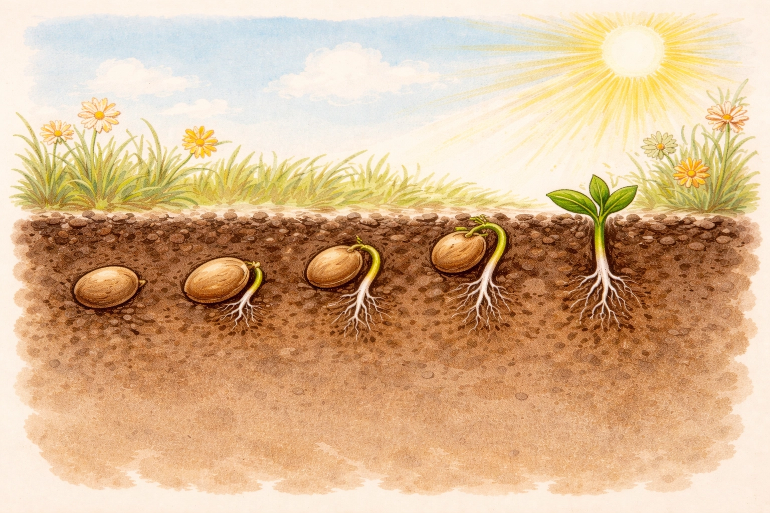 Vintage drawing of a seed's germination stages: swelling, root growth, shoot emergence, leafing.