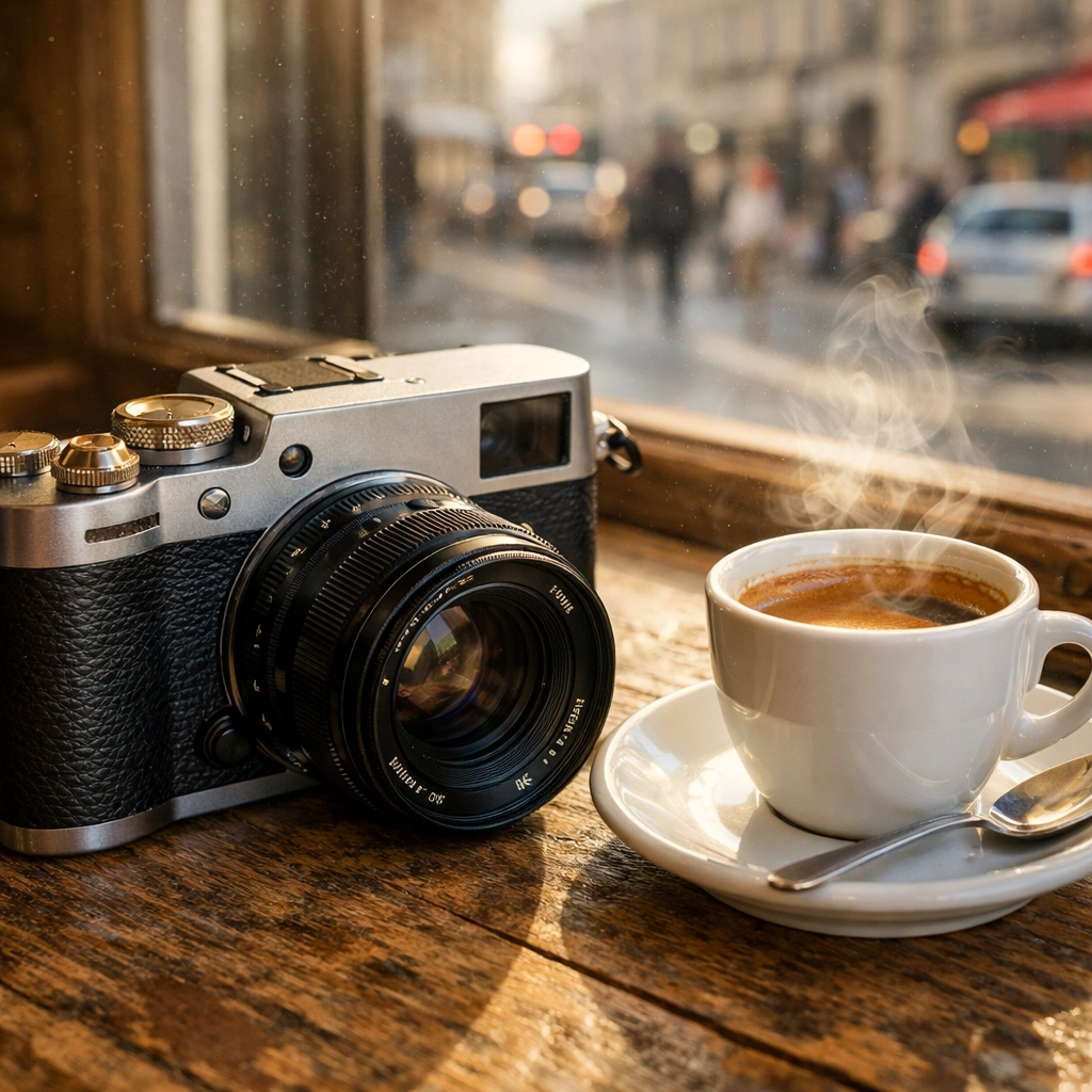Retro mirrorless camera on a cafe table, ideal for discreet street photography in urban settings.