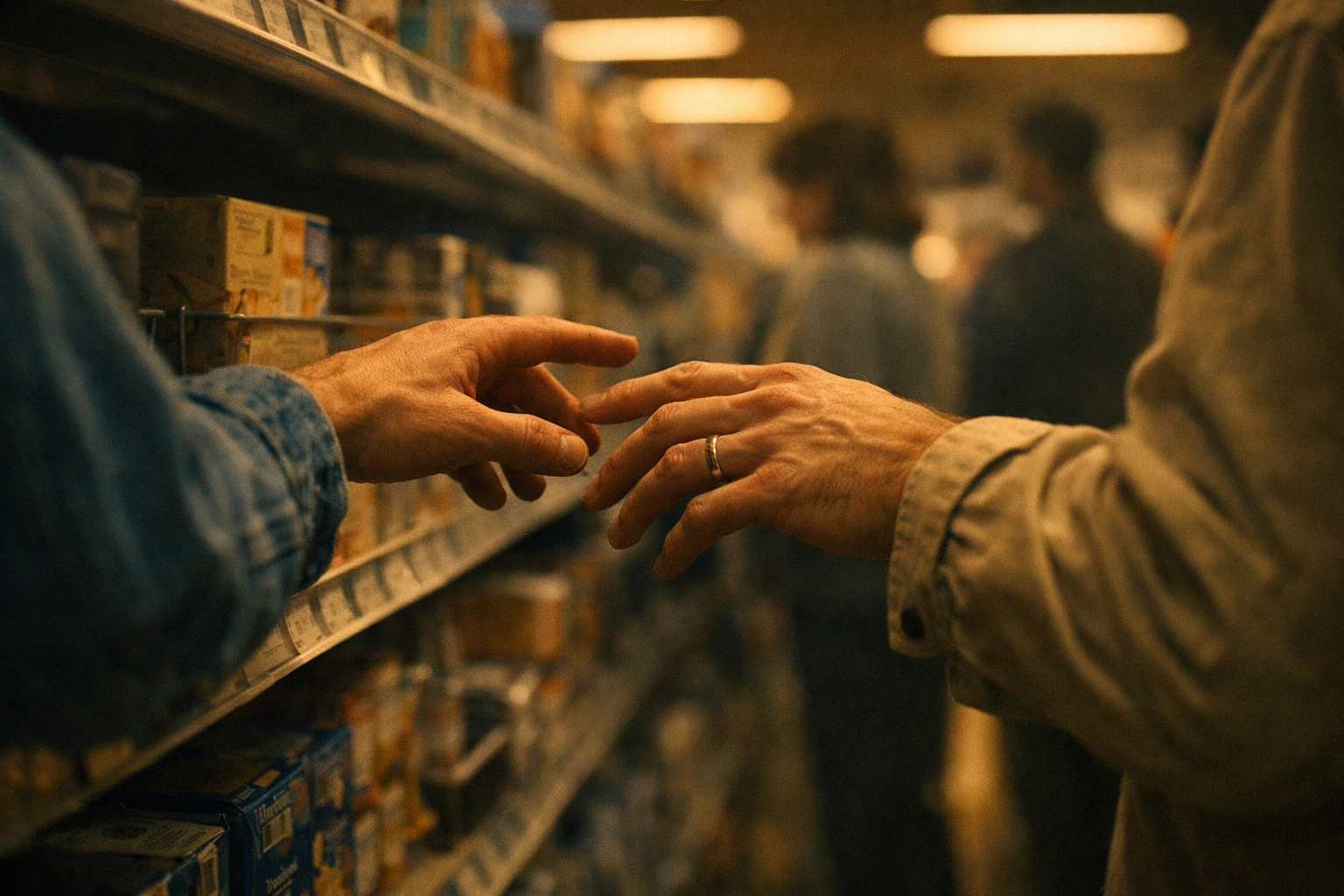 Two men's hands nearly touching in grocery store - small town gay romance secrecy